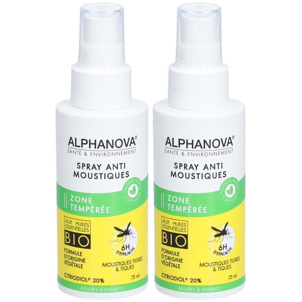 Deux flacons spray blancs avec étiquettes jaunes. Inscription: ALPHANOVA, Spray Anti-Moustiques, Bio. Contient Citriodiol 20%.