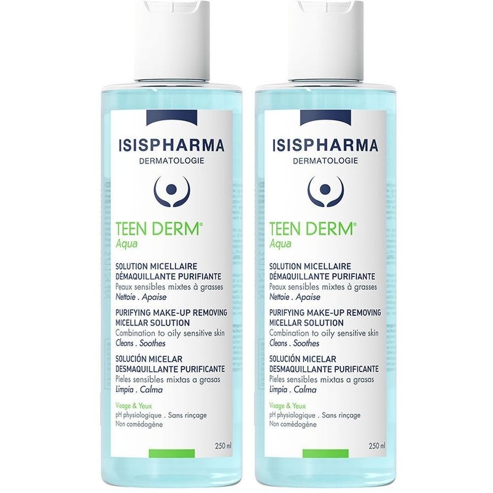 Deux flacons de Teen Derm Aqua. Liquide clair dans des bouteilles transparentes. Bouchons blancs. Étiquettes bleues avec texte vert. ISISPHARMA, Teen Derm Aqua.