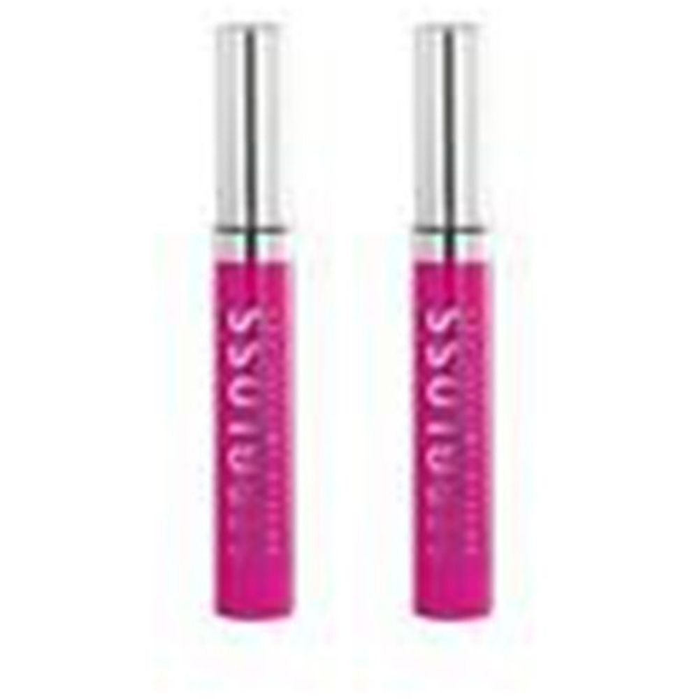 Deux tubes de gloss rose vif avec bouchons argentés. Le mot "Gloss" est visible sur les tubes.