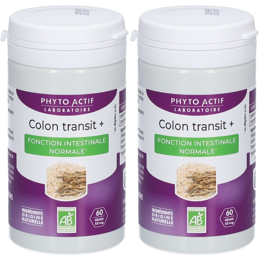 Deux flacons blancs avec couvercles. Inscription: PHYTO ACTIF, Colon transit +, Fonction intestinale normale. Avec label AB et 60 gélules.