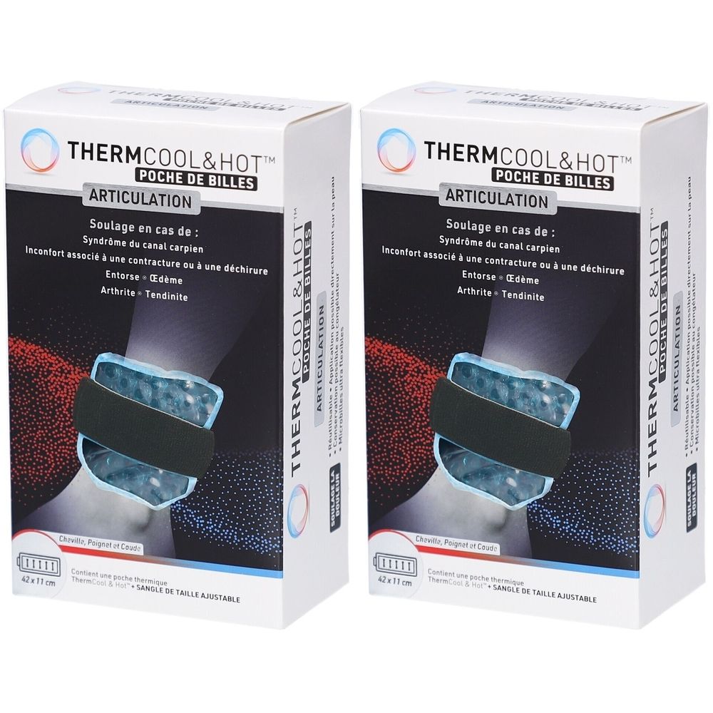 Deux boîtes de Thermcool&Hot Poche de Billes Articulations. Le produit est présenté sur un poignet.