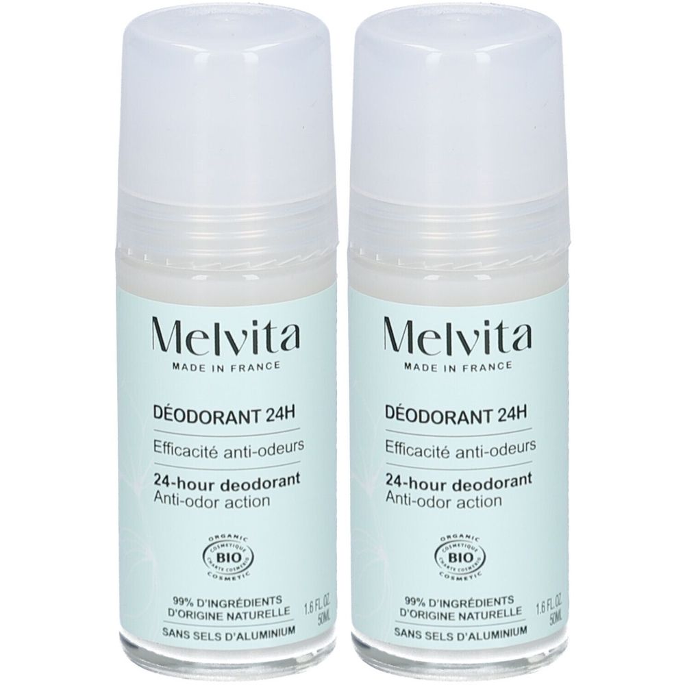 Deux déodorants roll-on. Étiquettes bleu clair avec texte blanc. Marque Melvita, déodorant 24h, certification bio. Sans sels d'aluminium.