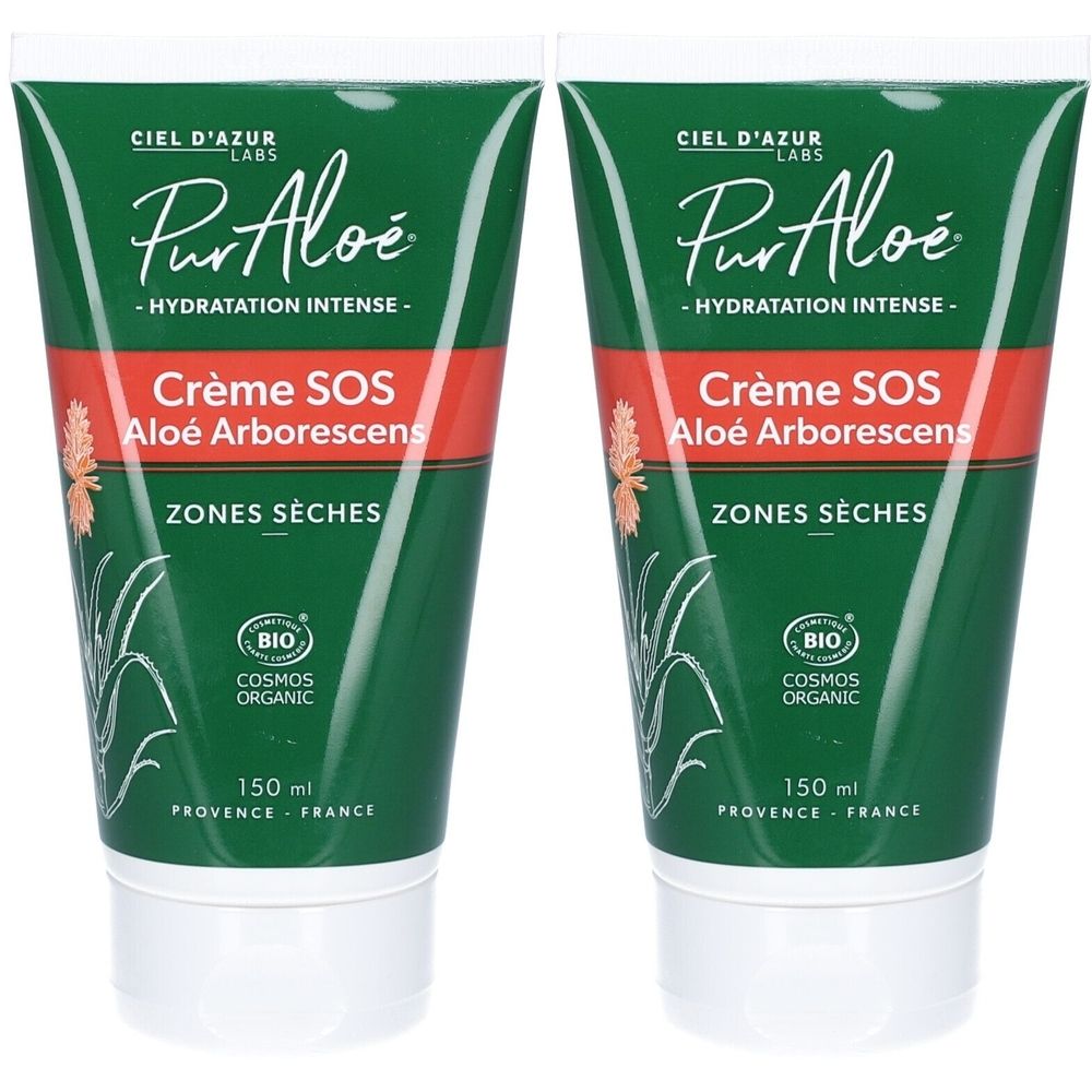 Deux tubes verts avec bande rouge. Inscription: PurAloé Crème SOS, Aloé Arborescens, ZONES SÈCHES. Certification Bio.