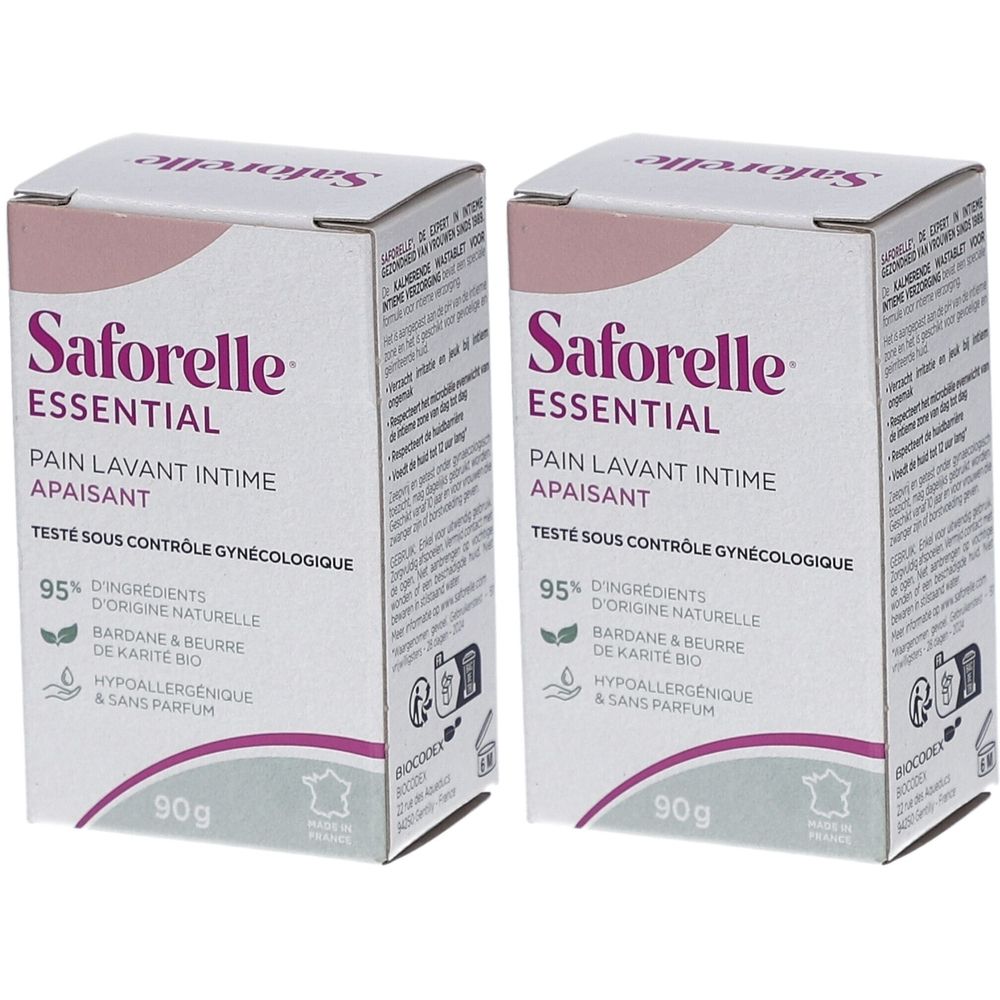 Deux boîtes de "Saforelle Essential Pain Lavant Intime Apaisant". Inscriptions : 90g, 95% d'ingrédients d'origine naturelle.