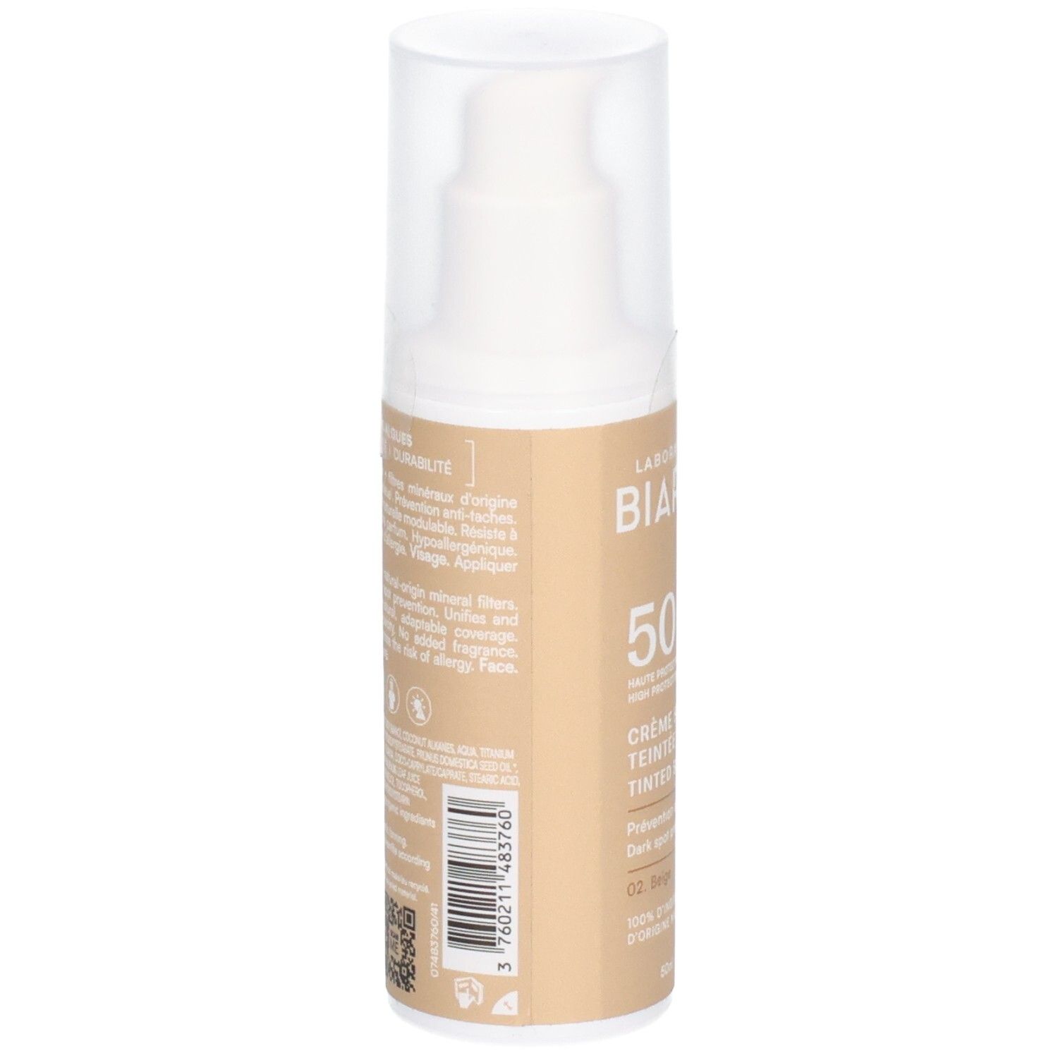 Dos du flacon de crème solaire. Texte avec ingrédients et informations. Code-barres et certifications.