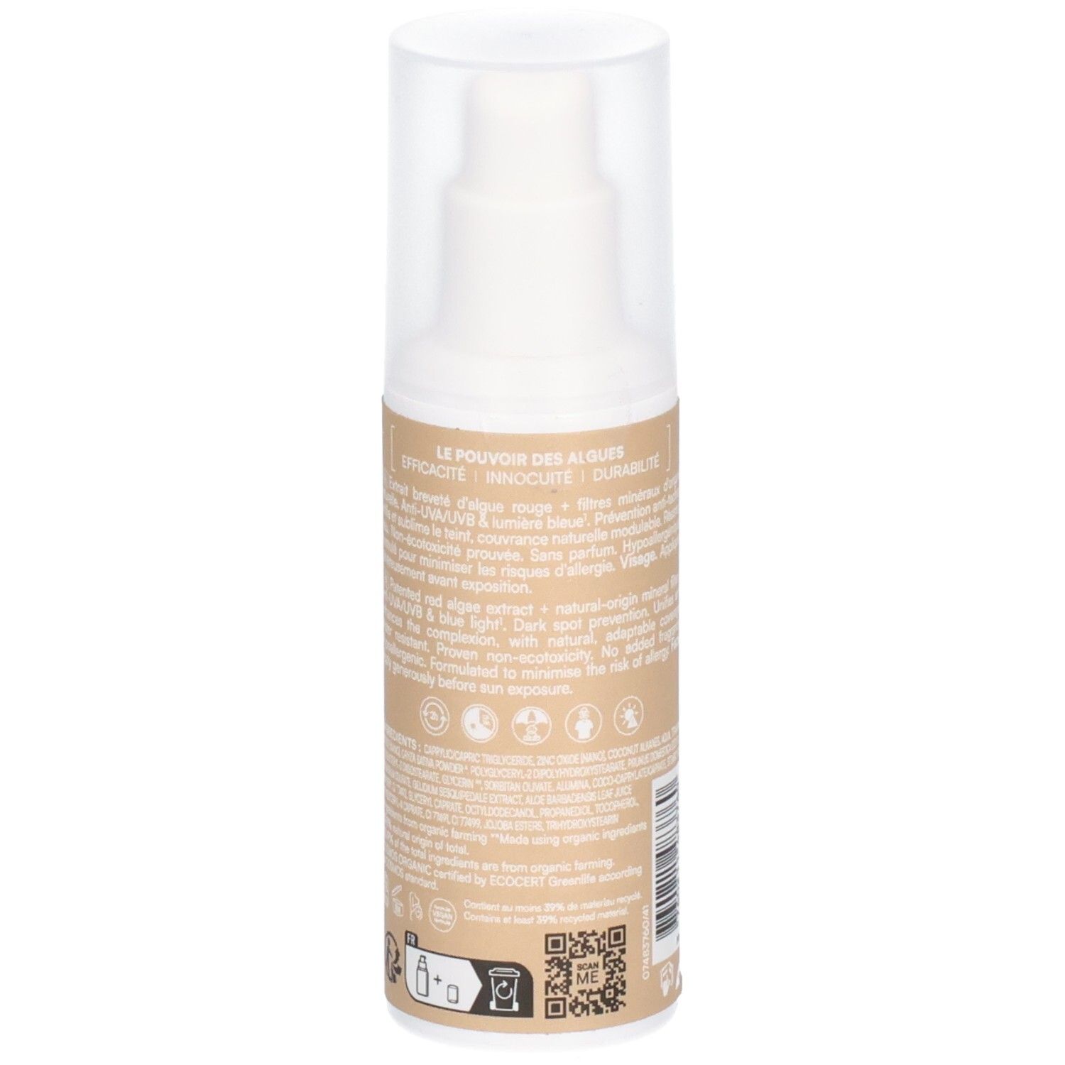 Dos du flacon de crème solaire avec texte. Informations sur les ingrédients et l'utilisation. Code QR.