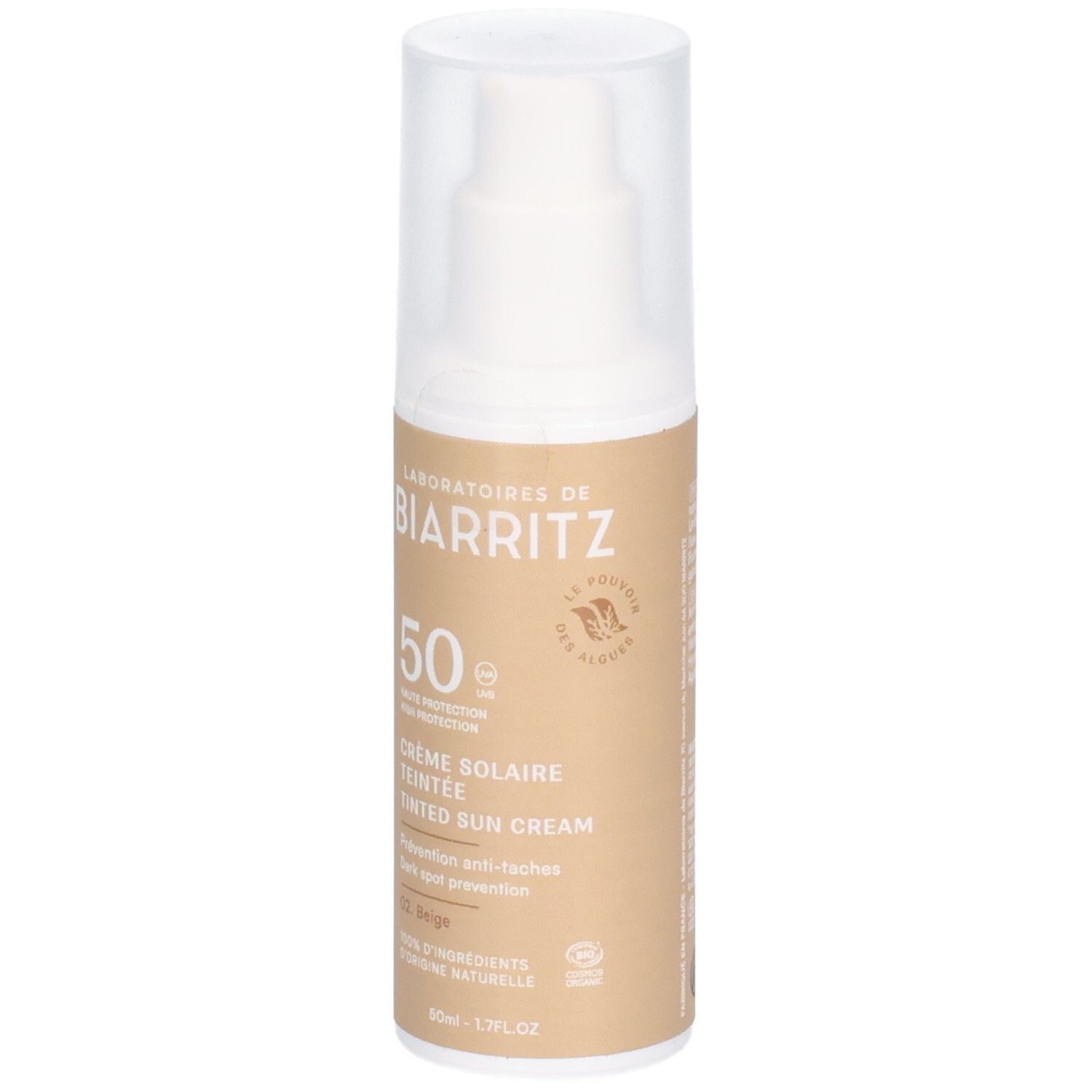 Flacon de crème solaire teintée beige avec pompe. Inscriptions: Laboratoires de Biarritz, SPF 50, Crème Solaire Teintée, 02 Beige.