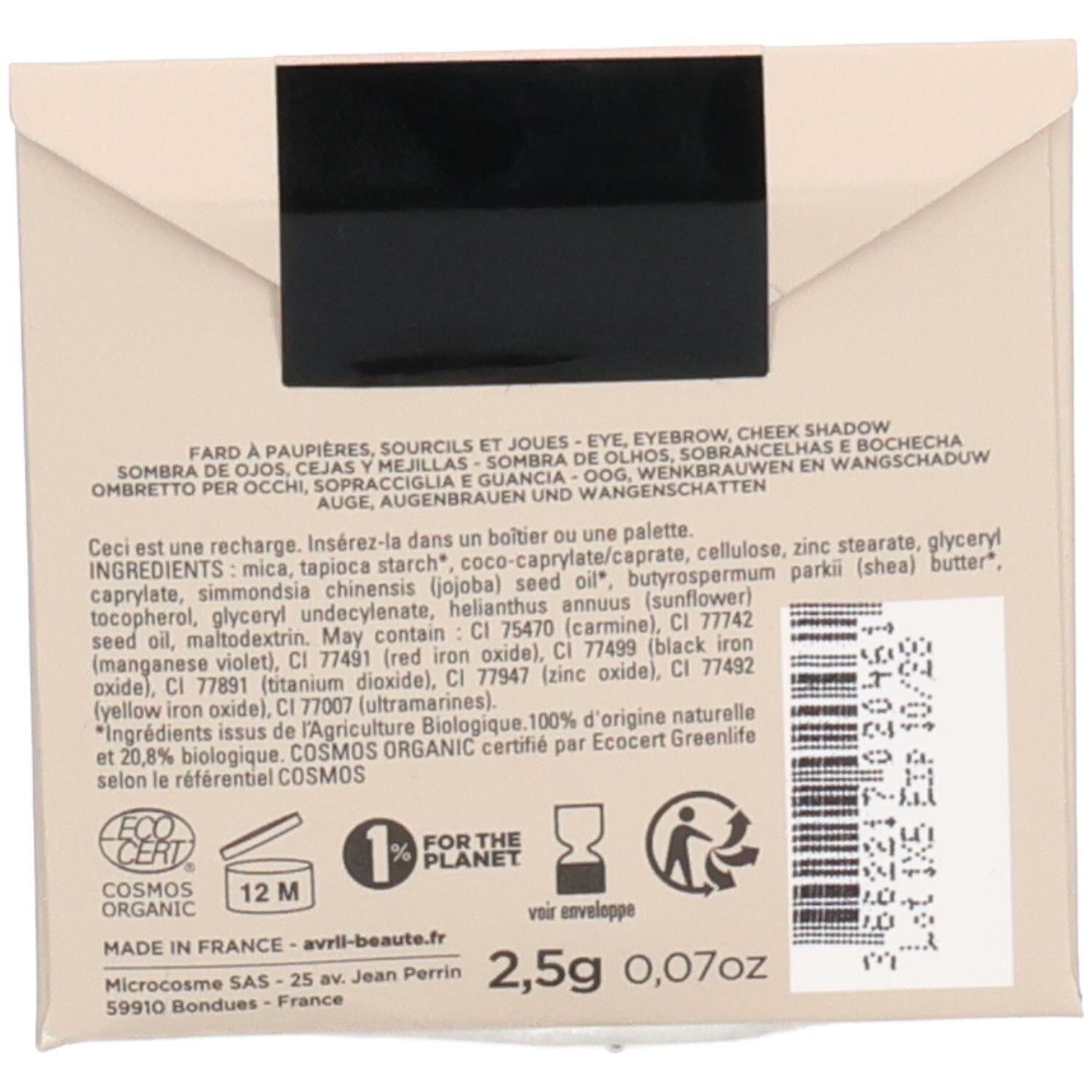 Dos de la recharge. Ingrédients, certification "COSMOS ORGANIC", 2,5g, 0,07oz. Symboles de recyclage.