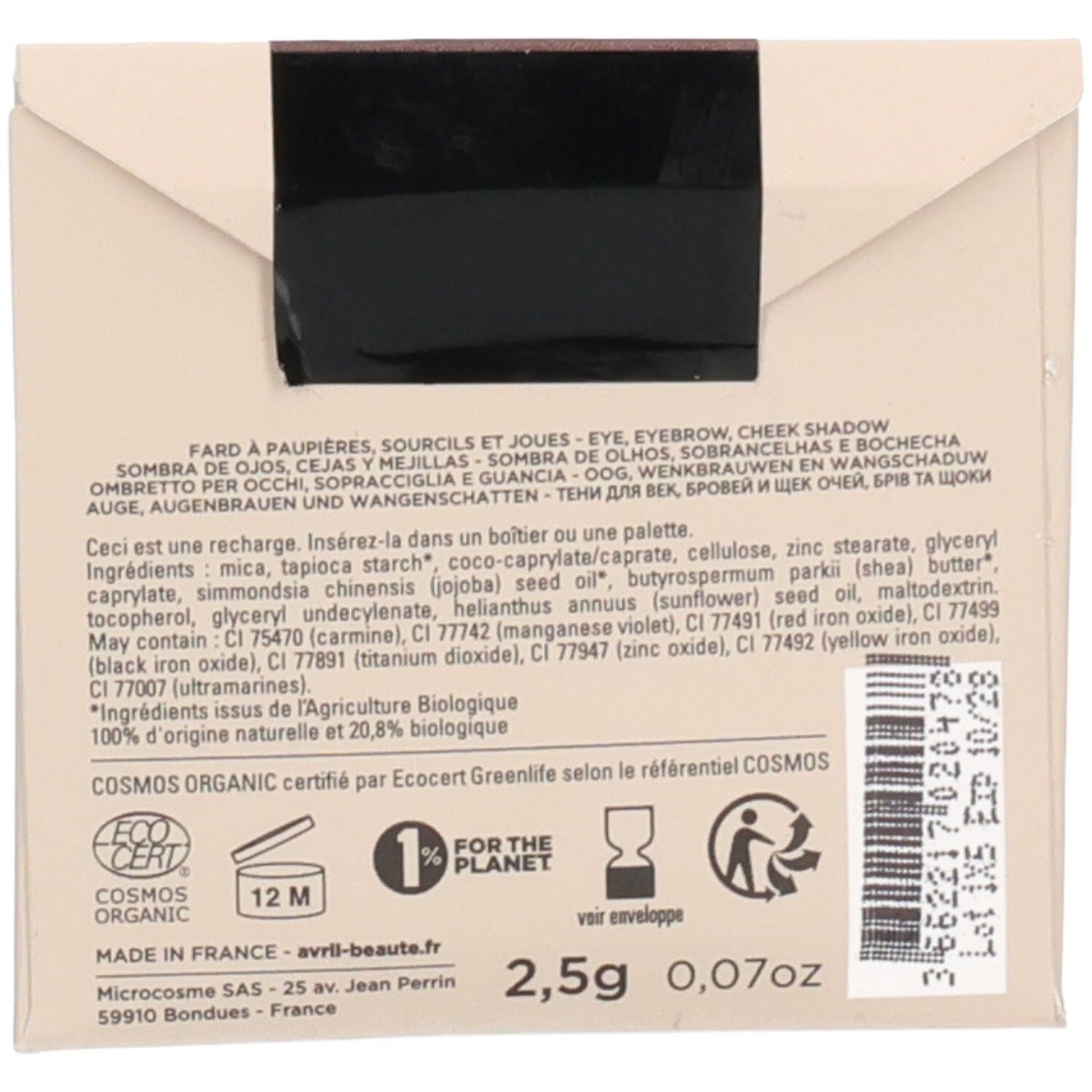 Dos de la recharge. Ingrédients, certifications et informations. Poids: 2,5g/0,07oz. COSMOS ORGANIC.