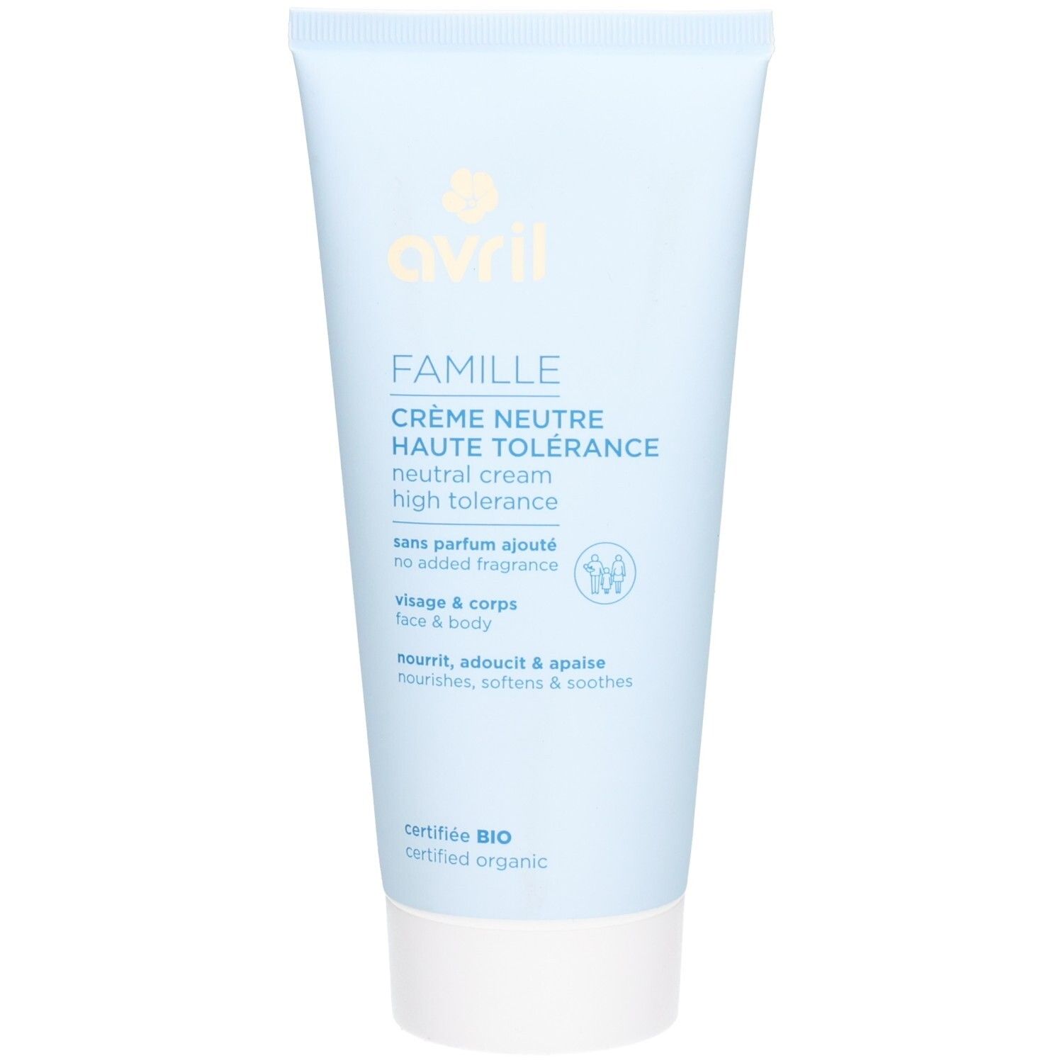 Tube bleu clair avec bouchon blanc. Inscription: Avril, Crème Neutre Haute Tolérance. Certifié Bio.