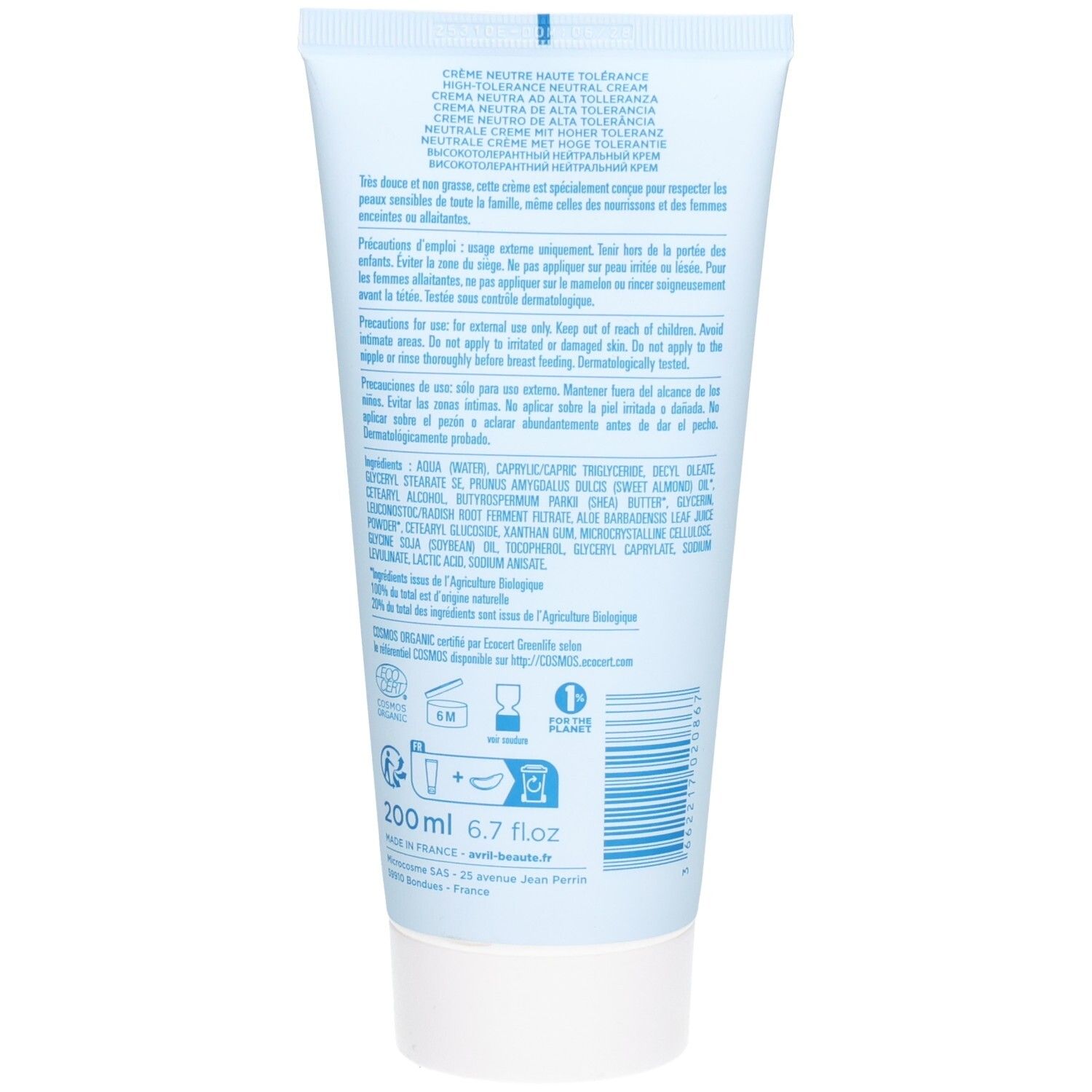 Dos du tube. Texte: Crème Neutre Haute Tolérance. Ingrédients, conseils, certifications. 200 ml.