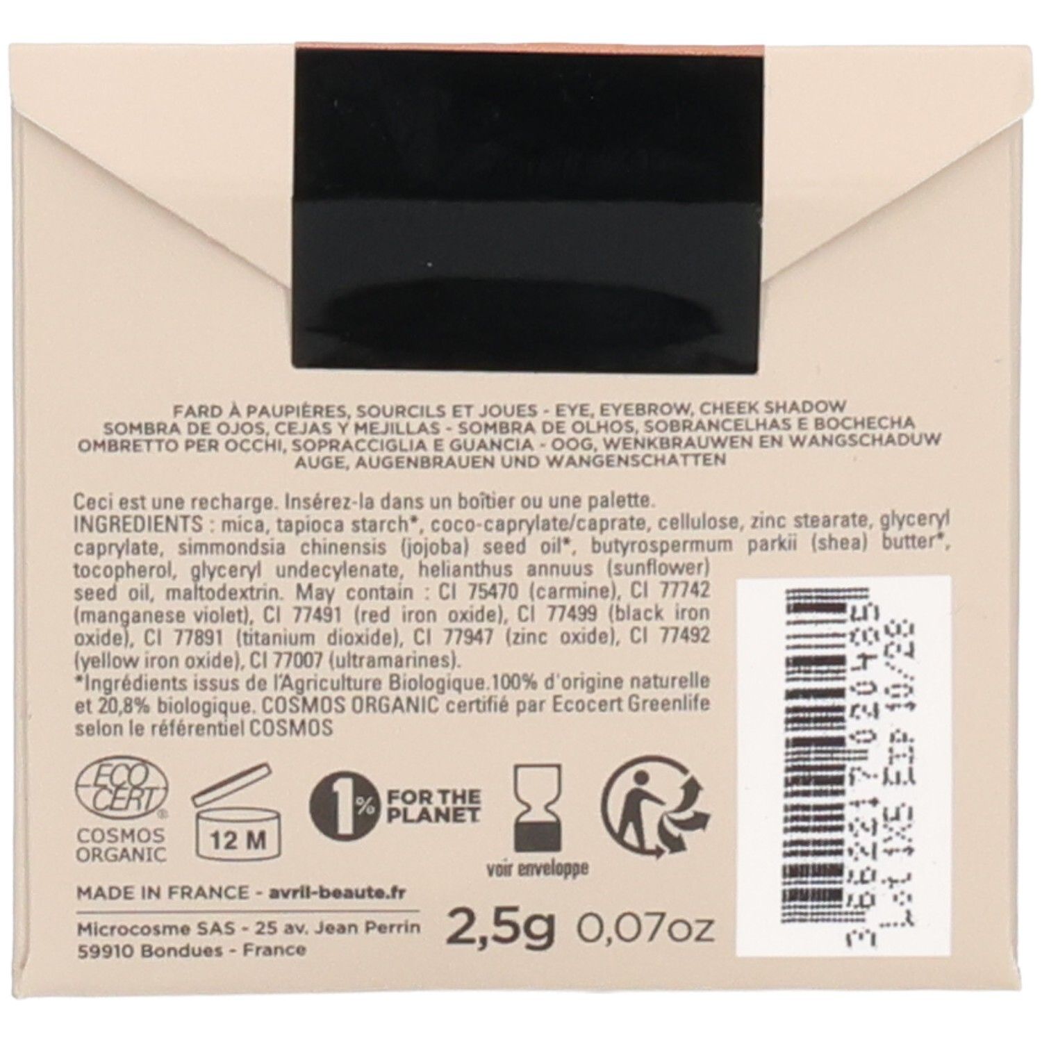 Dos de la recharge. Texte avec ingrédients, logo ECOCERT, symbole 12M, symbole de recyclage, indication de poids 2,5g.