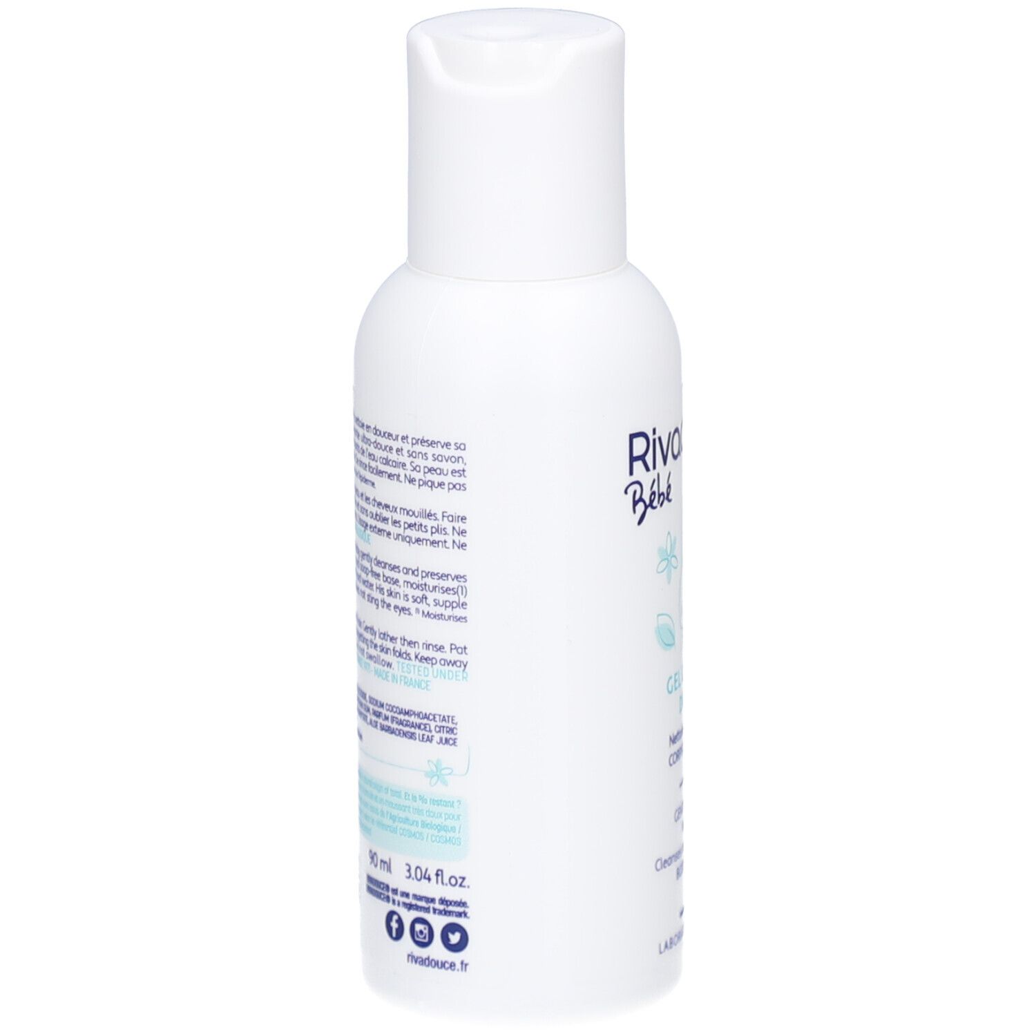 Flacon blanc, vue latérale. Texte en français. Contient des informations sur le produit et les ingrédients.