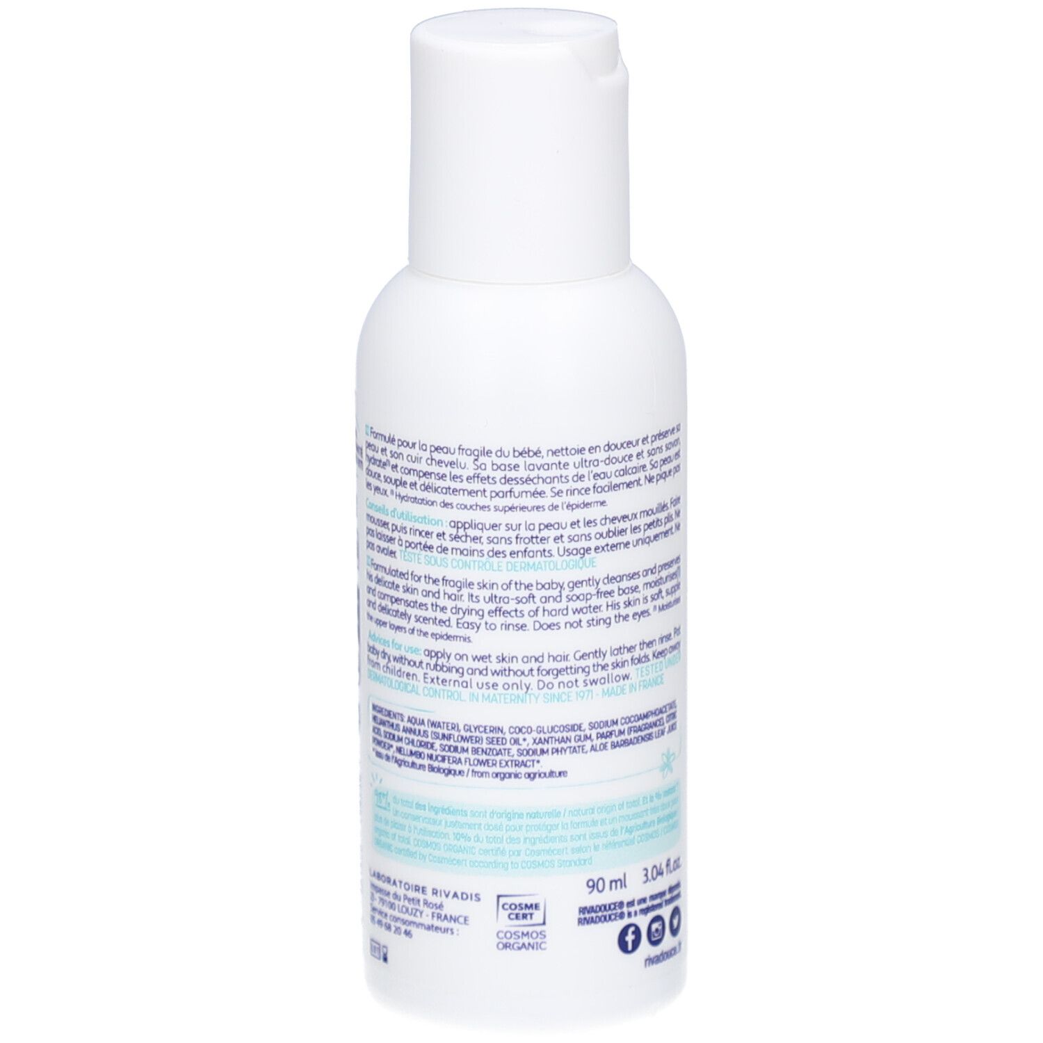 Flacon blanc, vue arrière. Texte en français. Contient des informations sur le produit et les ingrédients.