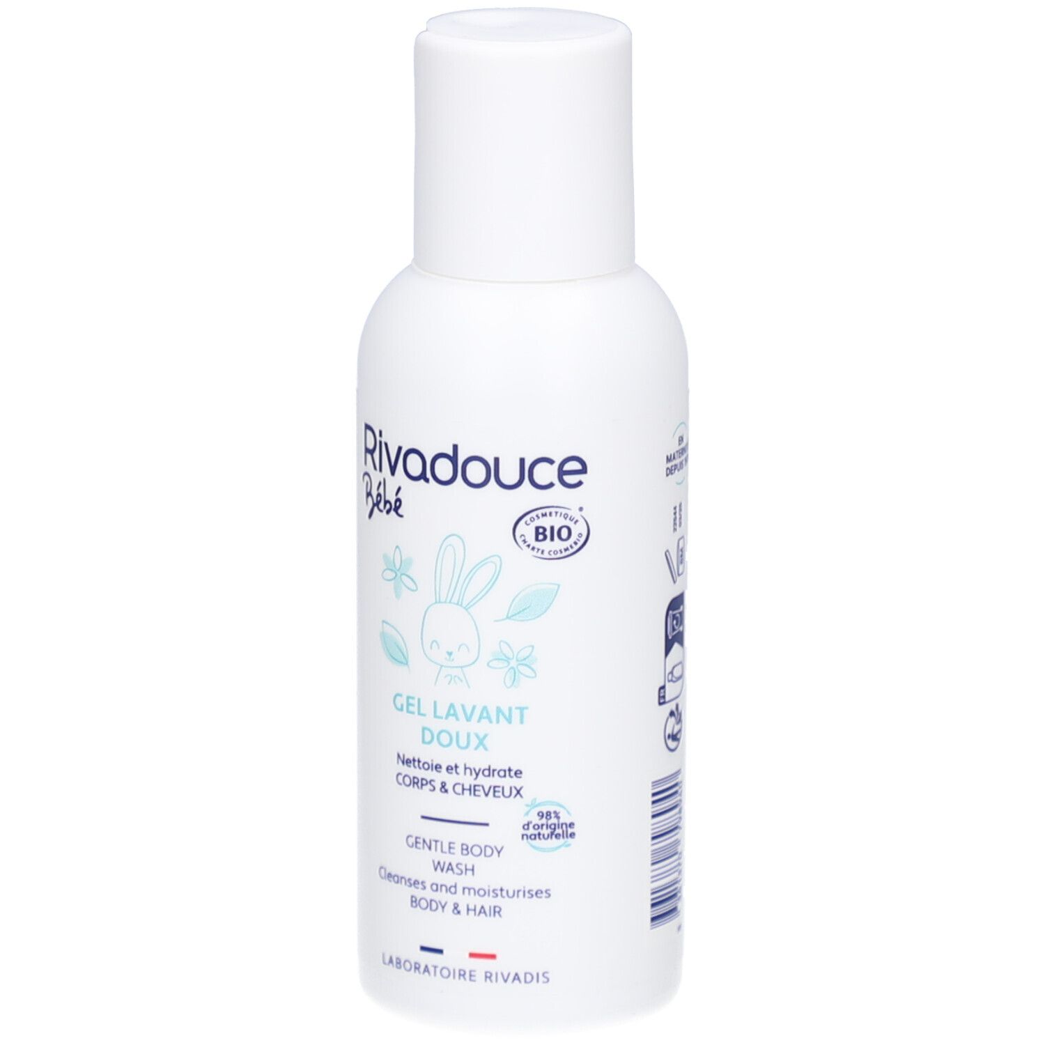 Flacon blanc avec bouchon rabattable. Inscriptions: Rivadouce Bébé, Gel Lavant Doux, label BIO. Contient illustrations et texte.