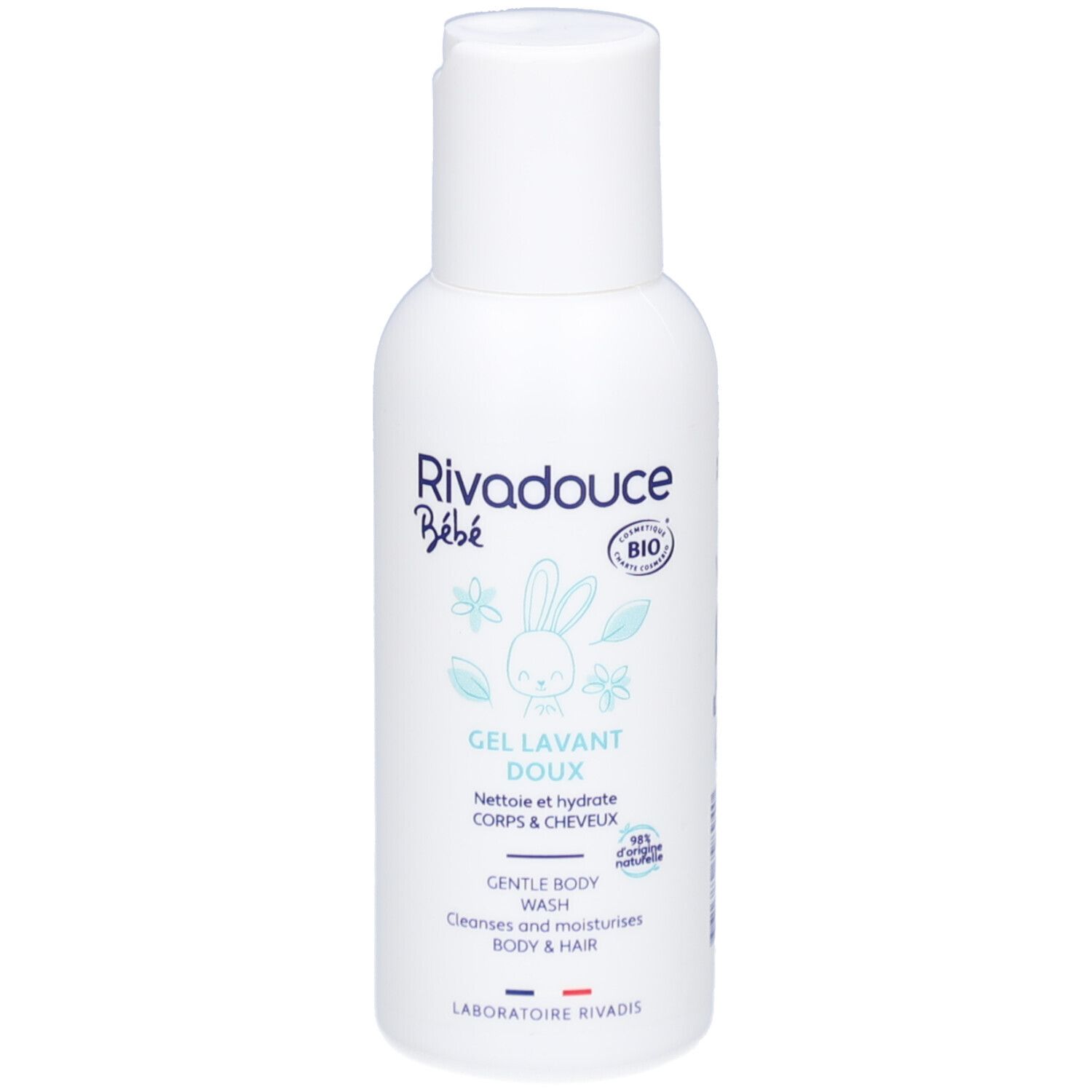 Flacon blanc avec bouchon rabattable. Inscriptions: Rivadouce Bébé, Gel Lavant Doux, label BIO. Contient illustrations et texte.