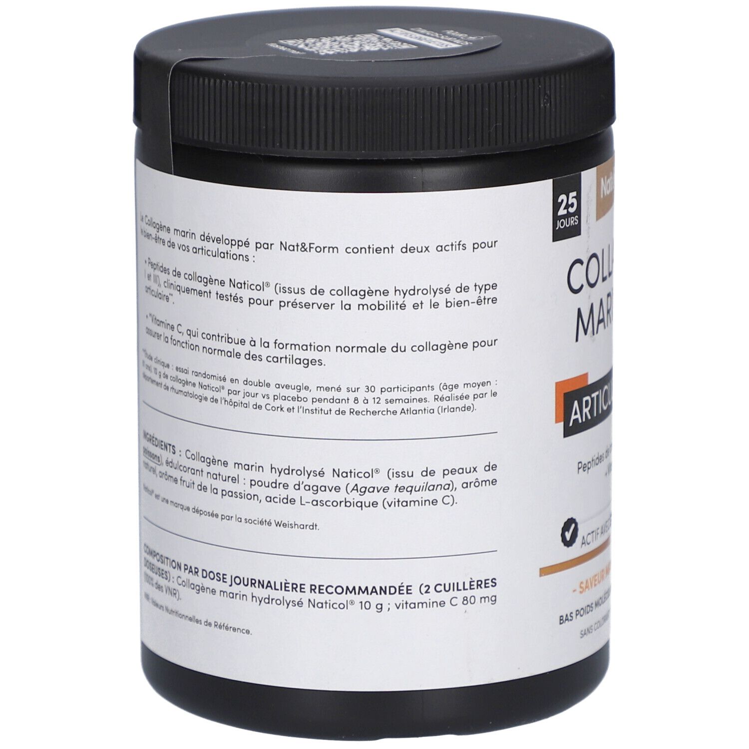 Dos du pot noir. Informations textuelles sur COLLAGÈNE MARIN, ingrédients, dosage et fabricant.