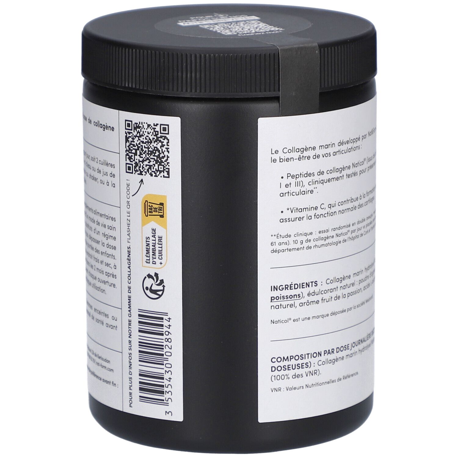 Vue latérale du pot noir. Code QR et informations textuelles. Contient COLLAGÈNE MARIN.