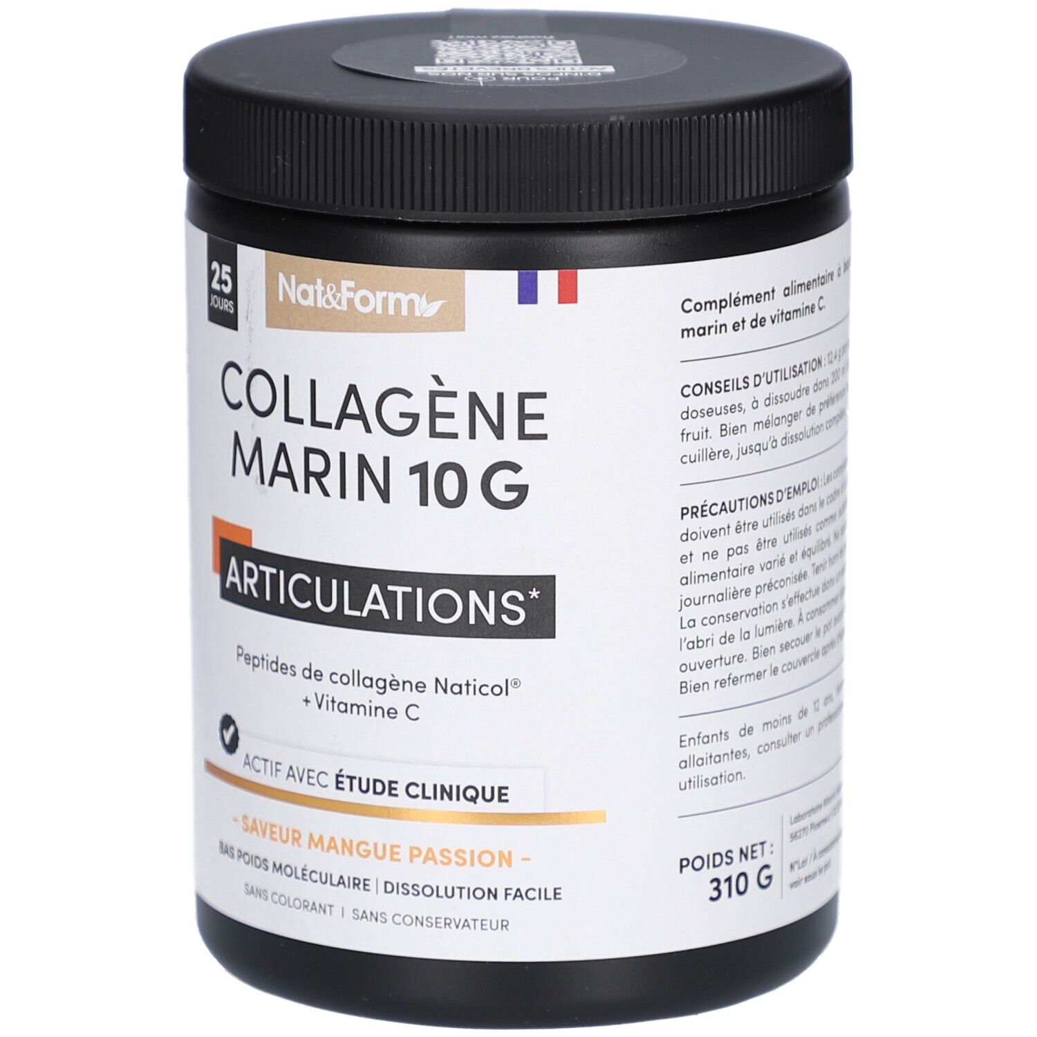 Pot noir COLLAGÈNE MARIN 10 G ARTICULATIONS. Peptides, vitamine C et saveur mangue passion. Marque Nat&Form.