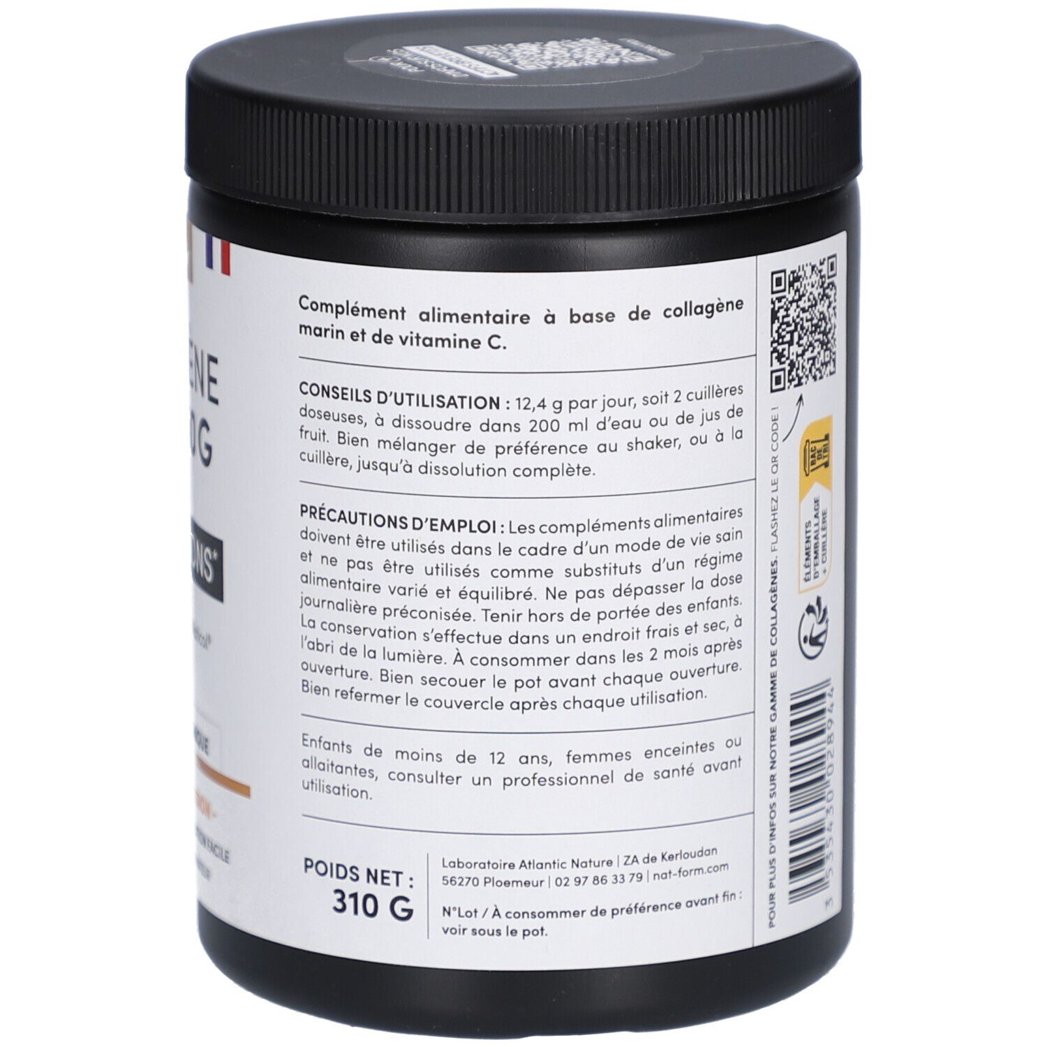 Dos du pot noir. Informations textuelles sur COLLAGÈNE MARIN, dosage, conseils d'utilisation et fabricant.