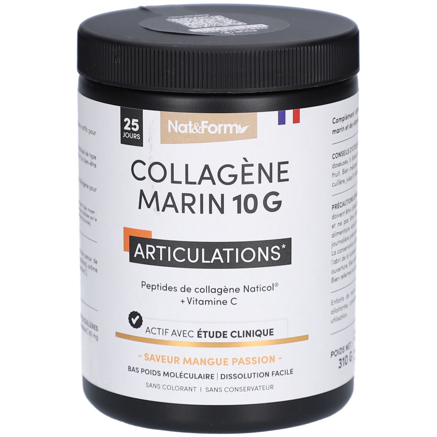 Pot noir COLLAGÈNE MARIN 10 G ARTICULATIONS. Peptides, vitamine C et saveur mangue passion. Marque Nat&Form.