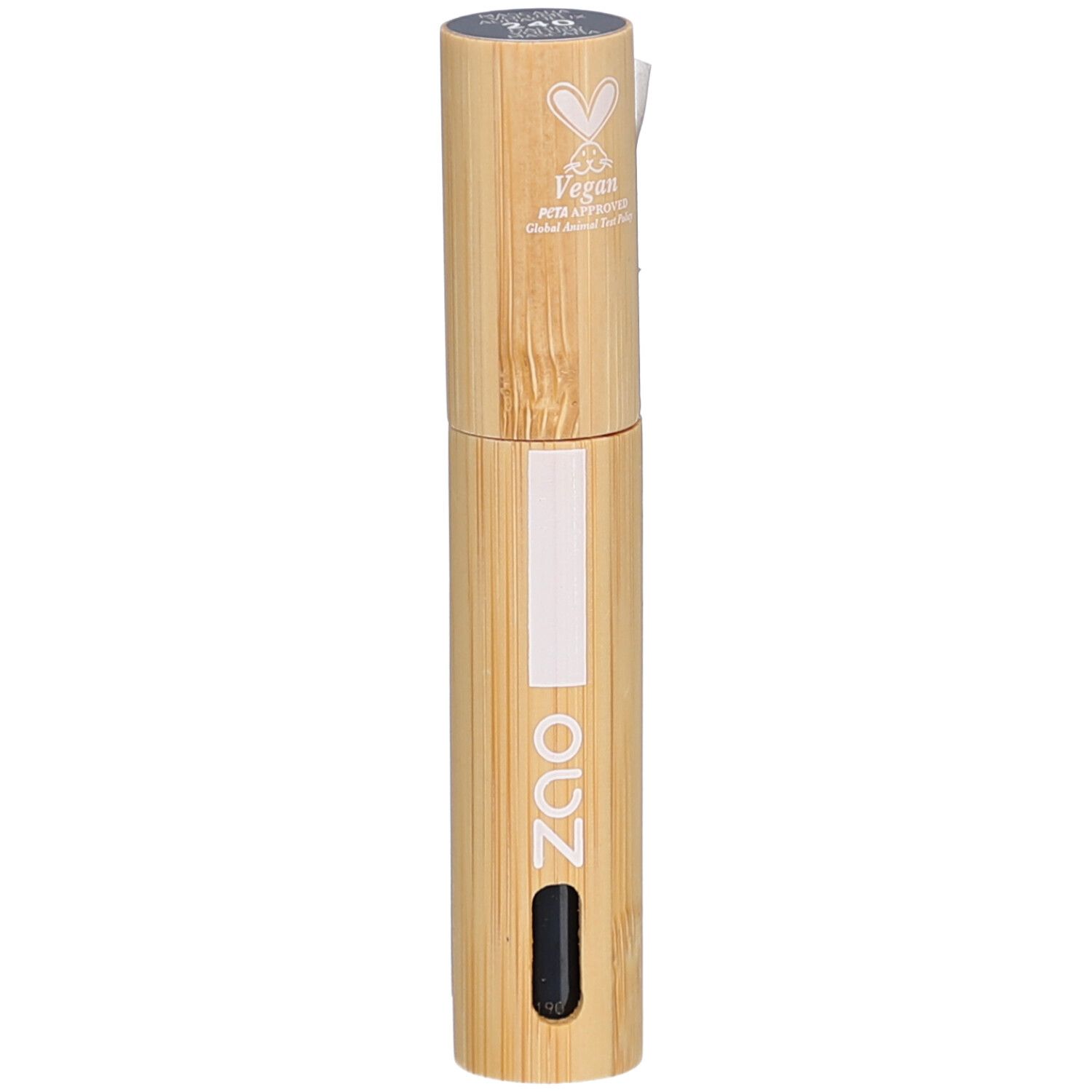 Tube de mascara cylindrique en bambou, bande blanche, applicateur noir. Logo Vegan.