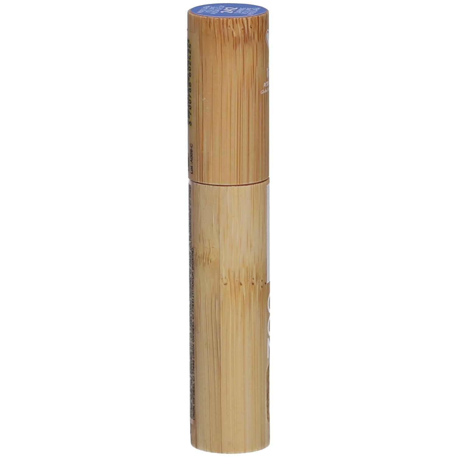 Tube de mascara cylindrique en bambou. Texte sur le tube. Bouchon bleu.