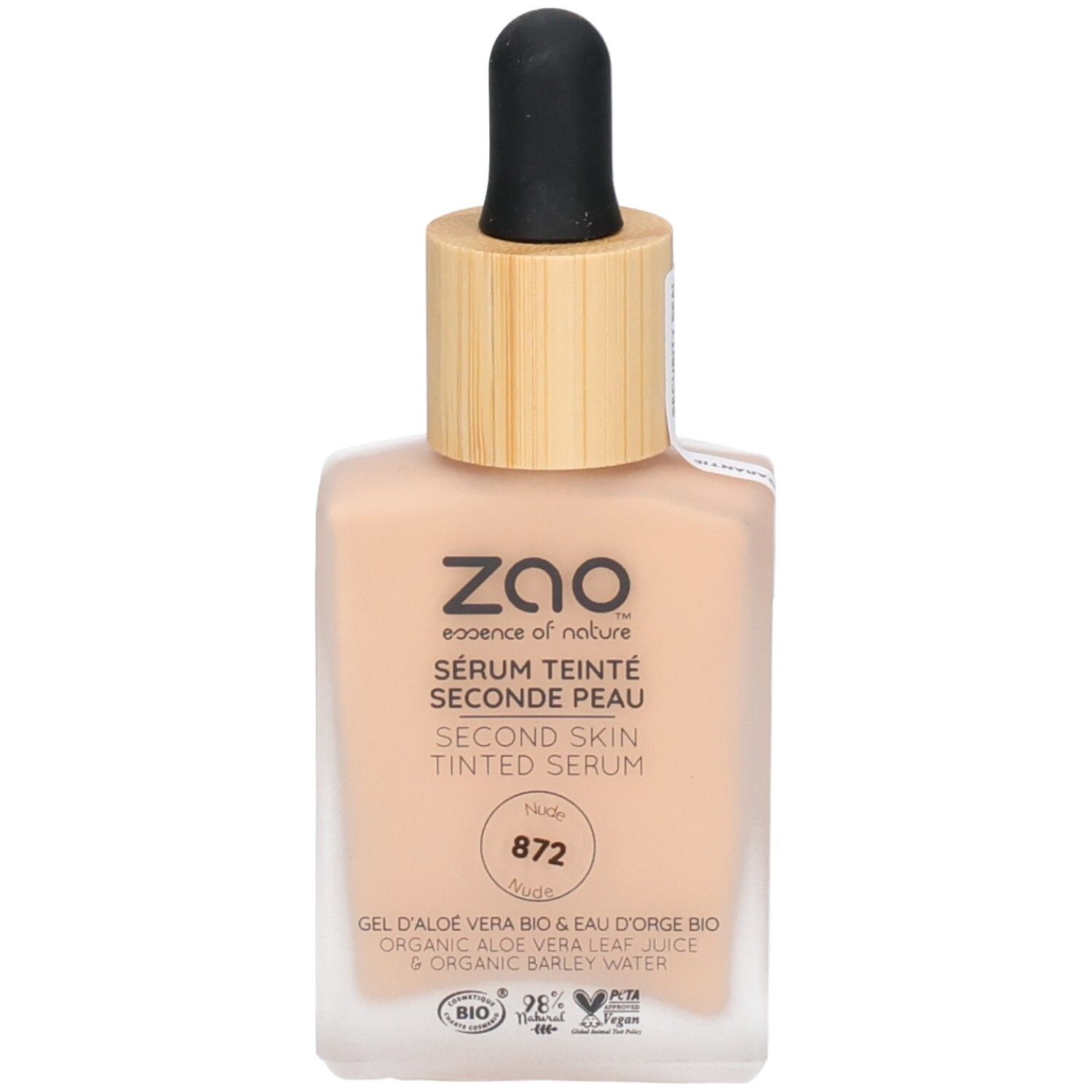 Flacon de ZAO Sérum teinté seconde peau 872 Nude. Bouchon en bois, pipette. Inscription : Second Skin Tinted Serum.