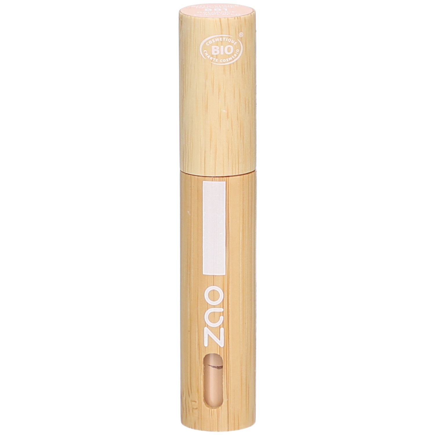 Concealer Zao. Contenant en bambou. Certification bio. Liquide clair visible. Vue verticale.