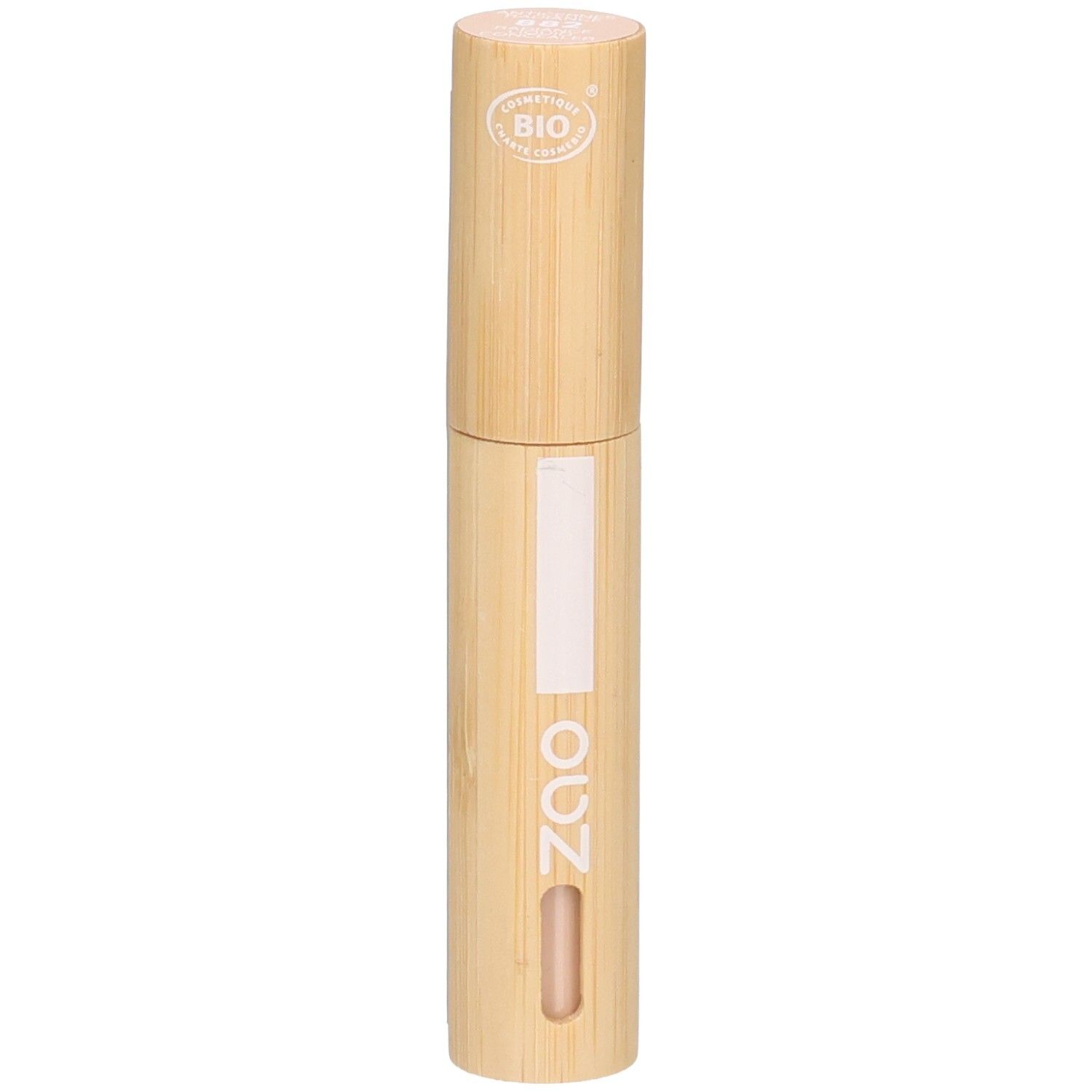 Contenant cylindrique en bambou. Logo BIO en haut. Couleur du produit visible en bas. Logo ZAO.