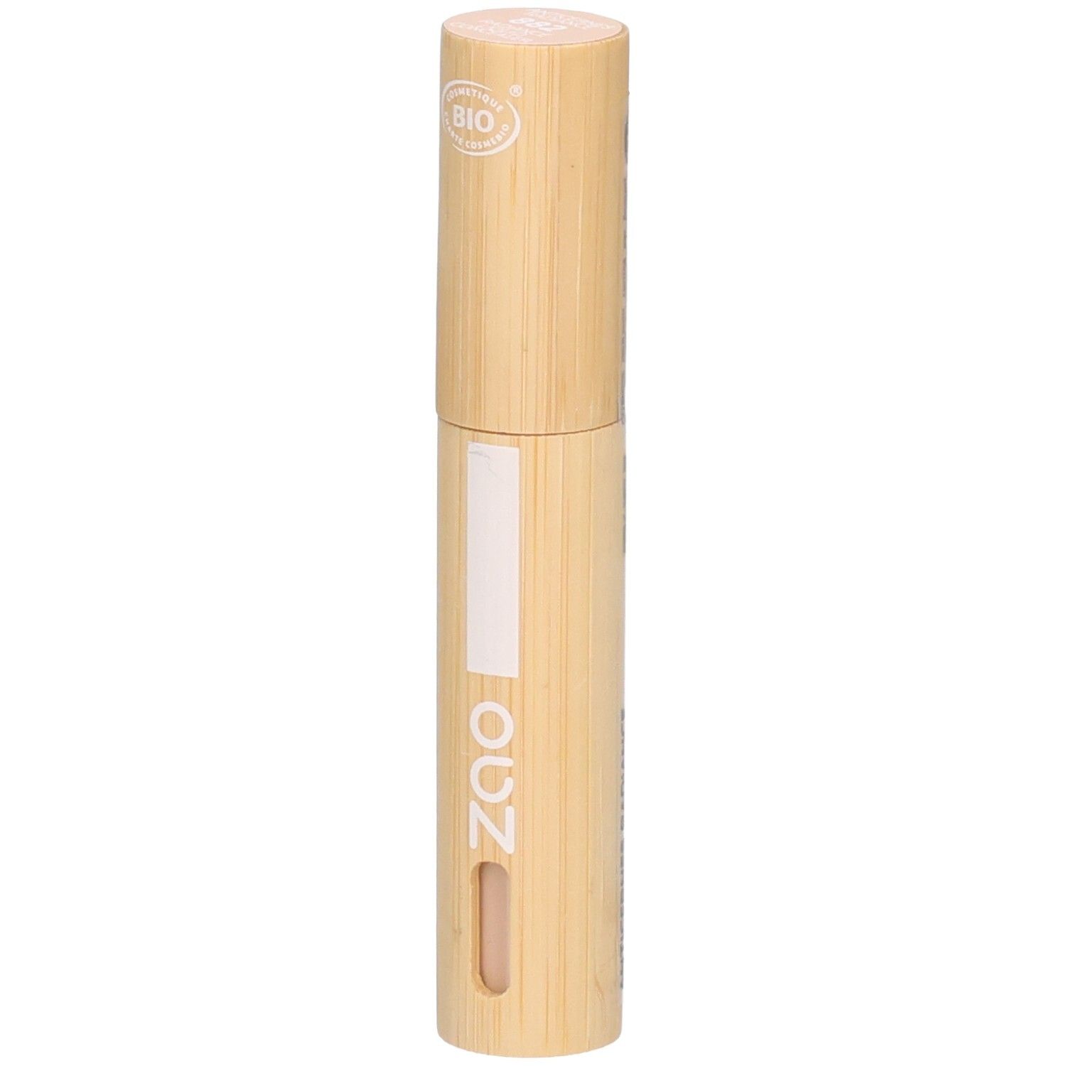 Contenant cylindrique en bambou. Logo BIO en haut. Couleur du produit visible en bas. Logo ZAO.