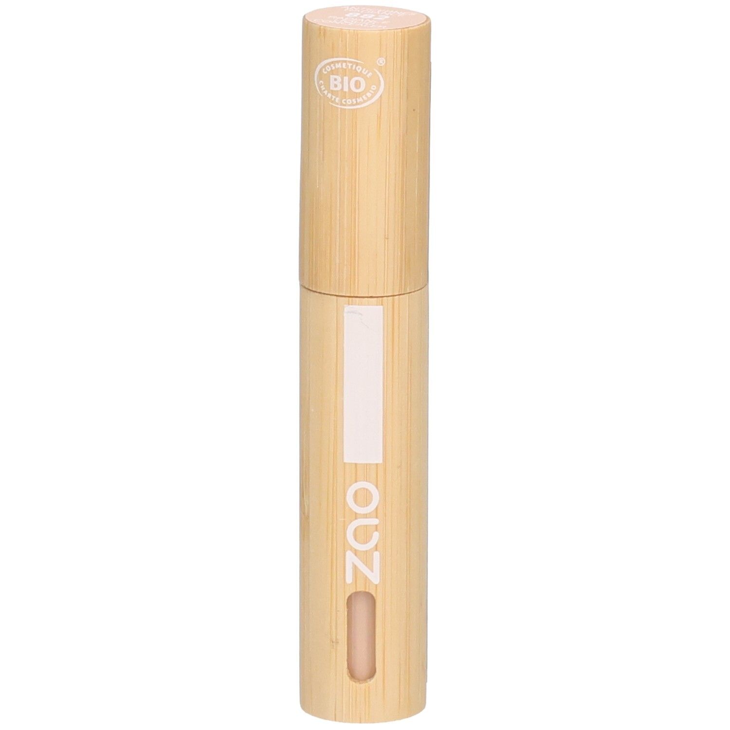Contenant cylindrique en bambou. Logo BIO en haut. Couleur du produit visible en bas. Logo ZAO.
