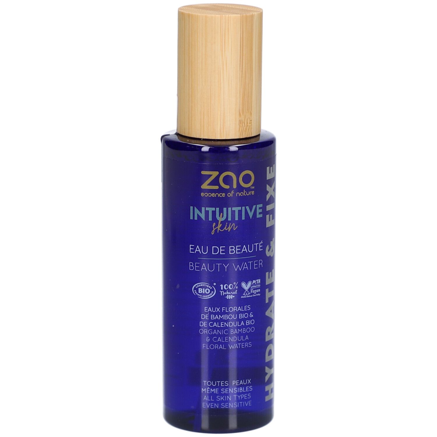 Flacon bleu avec bouchon en bois. Inscription : ZAO, Intuitive Skin, Eau de Beauté, Beauty Water. Certification bio.