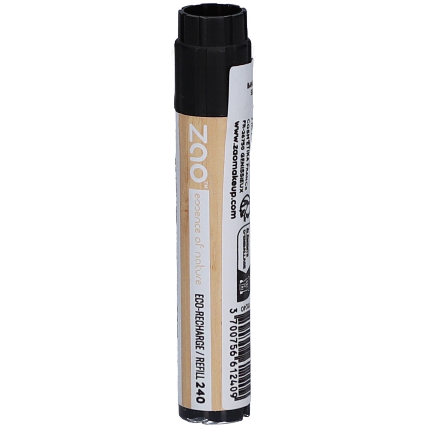 Tube de mascara cylindrique avec bouchon noir. Inscription: www.zaomakeup.com. ECO-RECHARGE / REFILL 240. Code-barres.