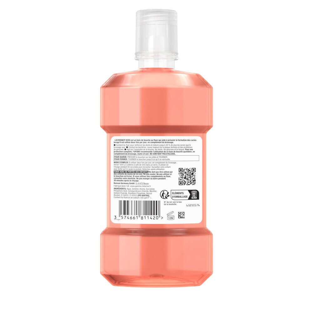 Arrière d'un flacon LISTERINE Kids Fruits Rouges, bain de bouche sans alcool, 500ml.