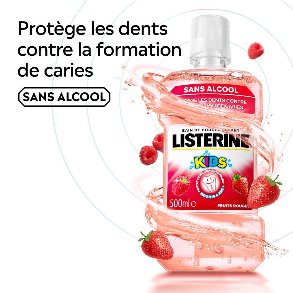LISTERINE Kids Fruits Rouges, bain de bouche sans alcool, flacon 500ml avec éclaboussures.