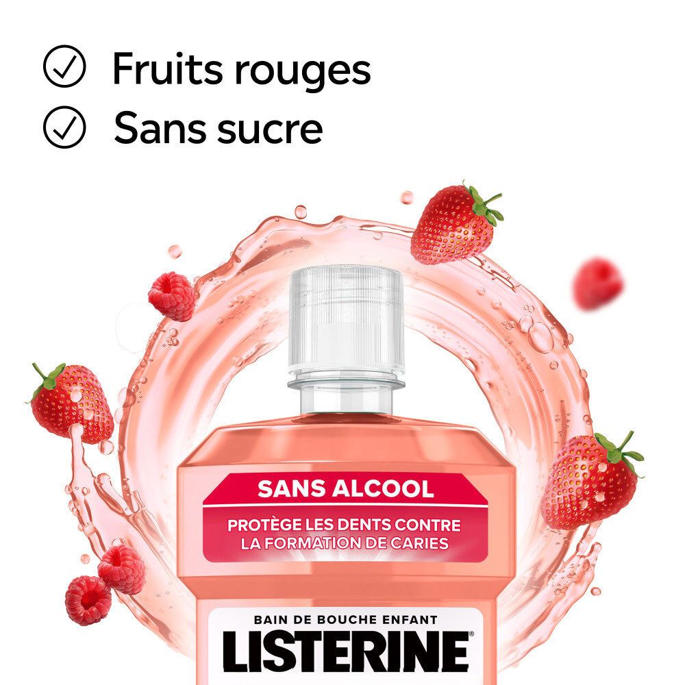 LISTERINE Kids Fruits Rouges, bain de bouche sans alcool, flacon 500ml avec fruits.