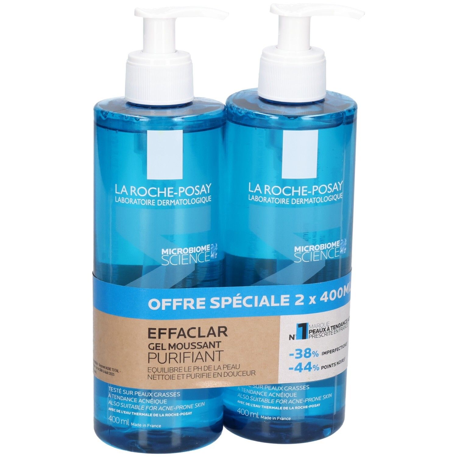 Deux flacons bleus La Roche-Posay Effaclar Gel Moussant Purifiant avec pompes blanches. Étiquettes avec informations produit.