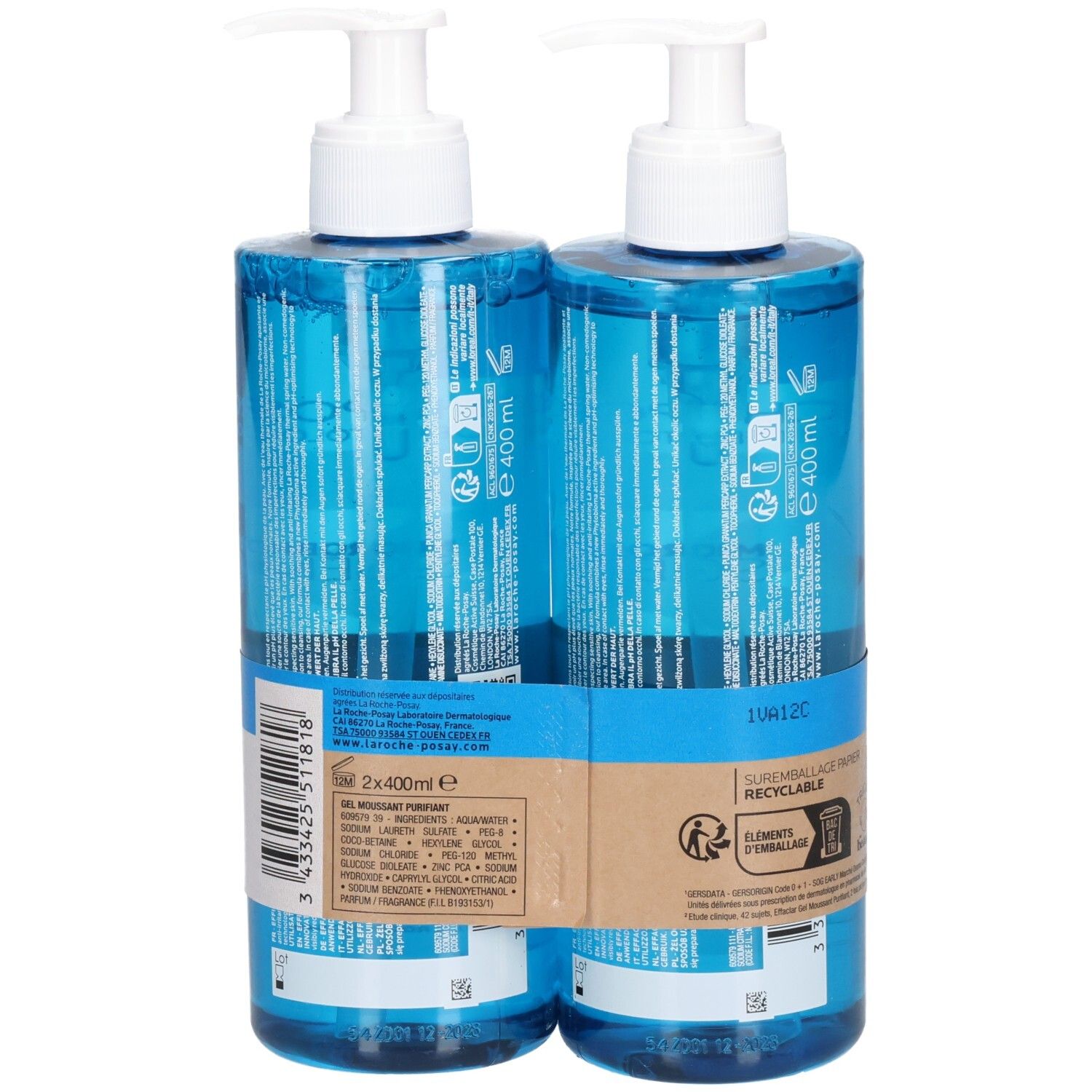 Vue arrière de deux flacons bleus La Roche-Posay Effaclar Gel Moussant Purifiant avec pompes blanches. Étiquettes.