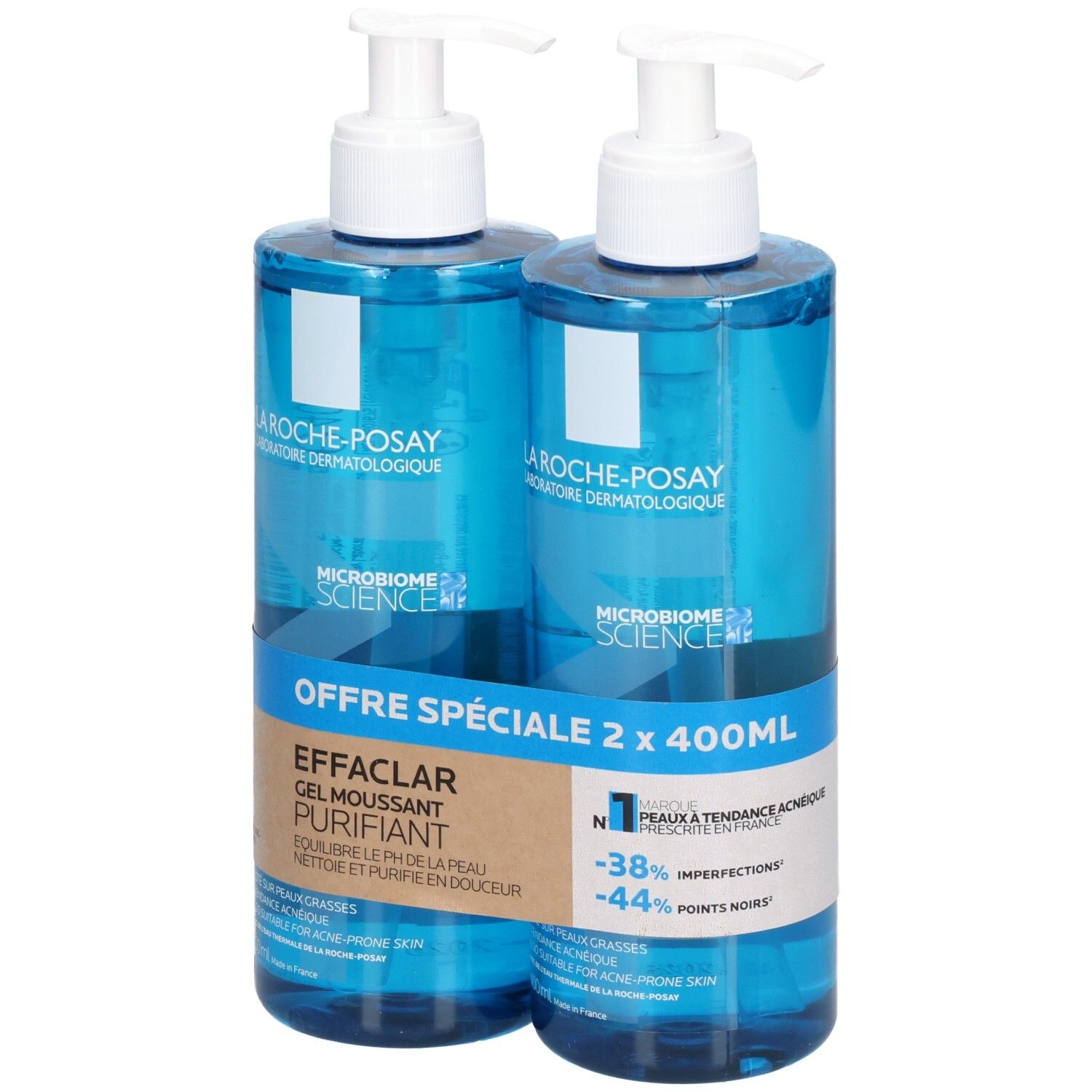 Deux flacons bleus La Roche-Posay Effaclar Gel Moussant Purifiant avec pompes blanches. Étiquettes avec informations produit.