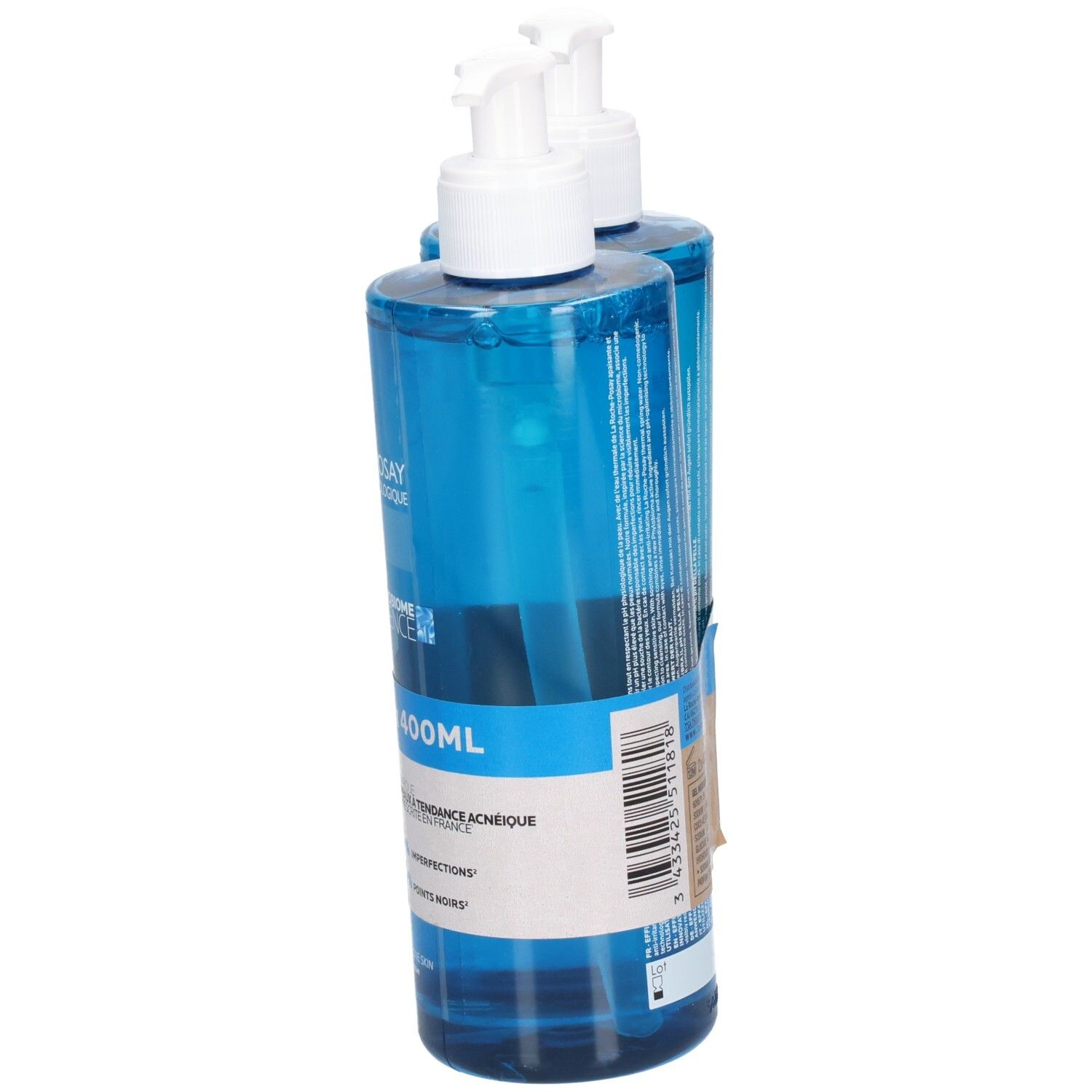 Deux flacons bleus La Roche-Posay Effaclar Gel Moussant Purifiant avec pompes blanches. Vue arrière avec étiquettes.