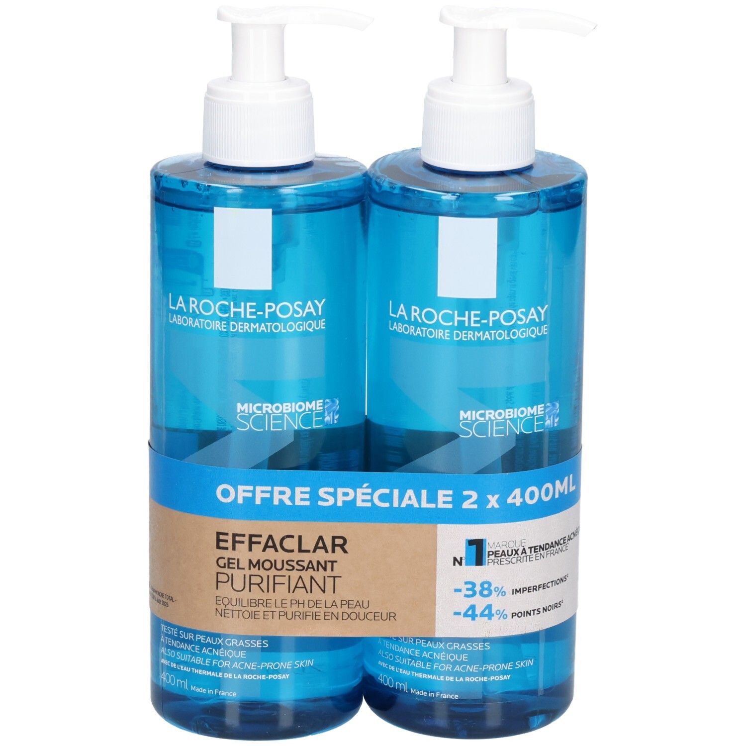 Deux flacons bleus La Roche-Posay Effaclar Gel Moussant Purifiant avec pompes blanches. Étiquettes avec informations produit.
