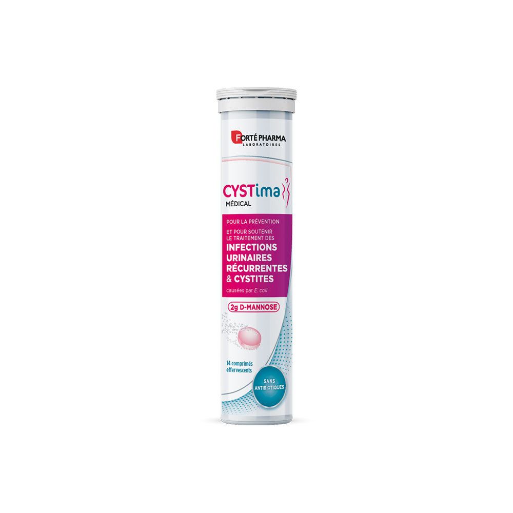 Tube blanc cylindrique CYSTIMA MEDICAL. Contient 14 comprimés effervescents. Texte en français.