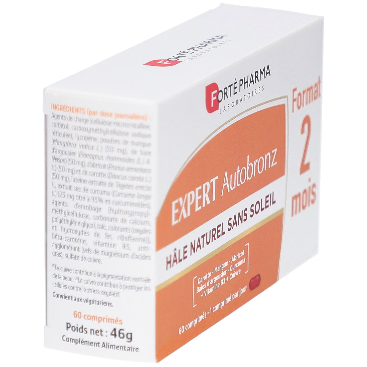 Boîte blanche avec zone orange. Inscription: EXPERT Autobronz, HÂLE NATUREL SANS SOLEIL. 60 comprimés. Marque: Forté Pharma.
