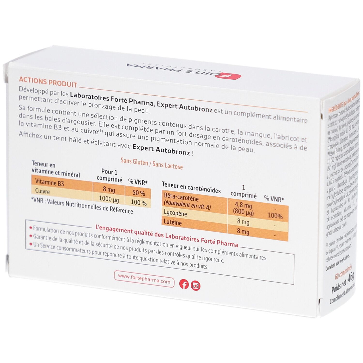 Dos de la boîte blanche. Texte avec ingrédients et informations nutritionnelles. Marque: Forté Pharma. Sans gluten/lactose.