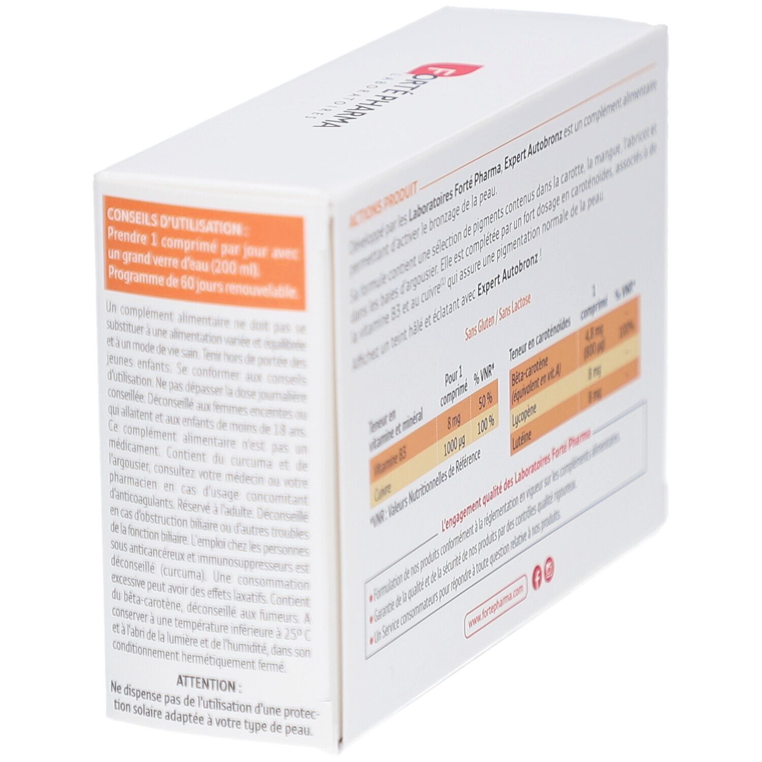 Dos de la boîte blanche. Texte avec conseils d'utilisation. Marque: Forté Pharma. Sans gluten/lactose.