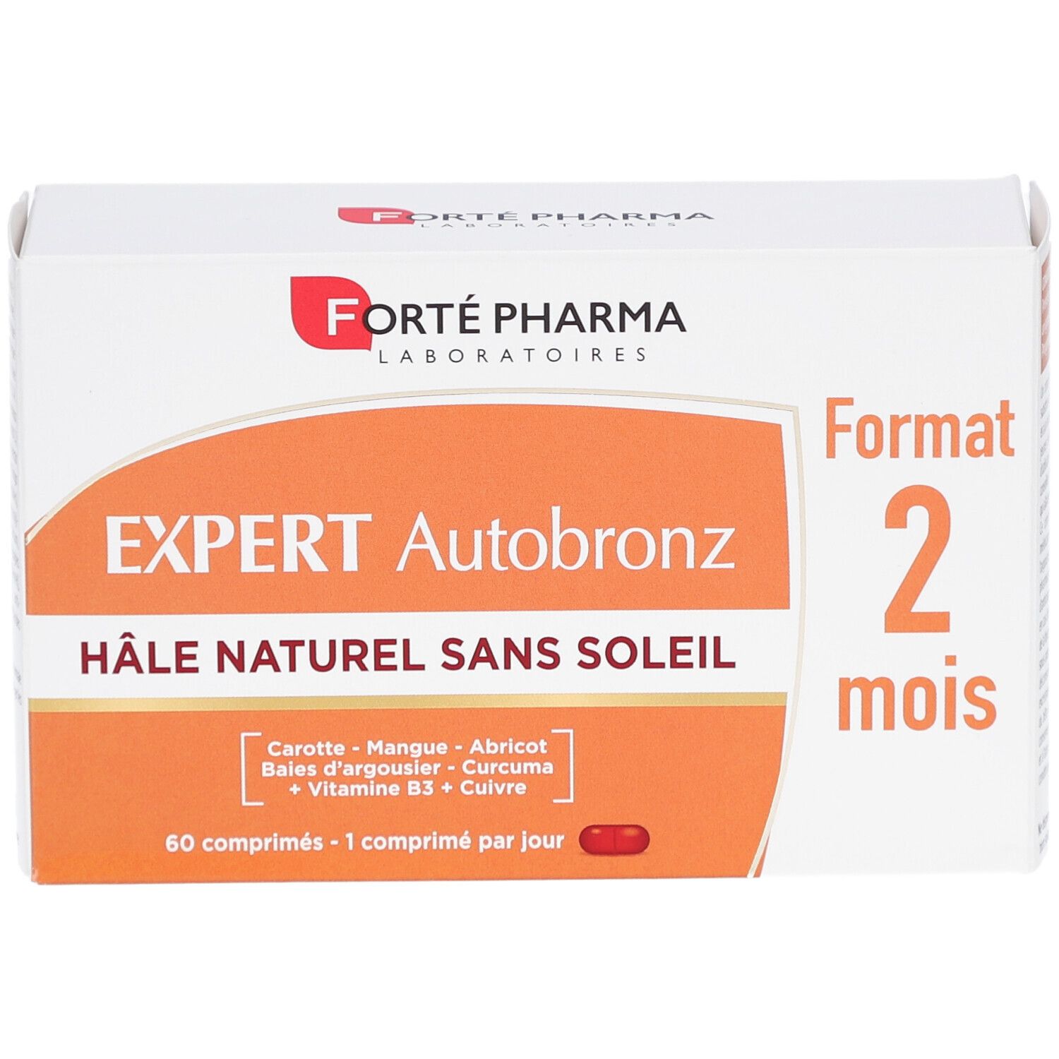 Boîte blanche avec zone orange. Inscription: EXPERT Autobronz, HÂLE NATUREL SANS SOLEIL. 60 comprimés. Marque: Forté Pharma.