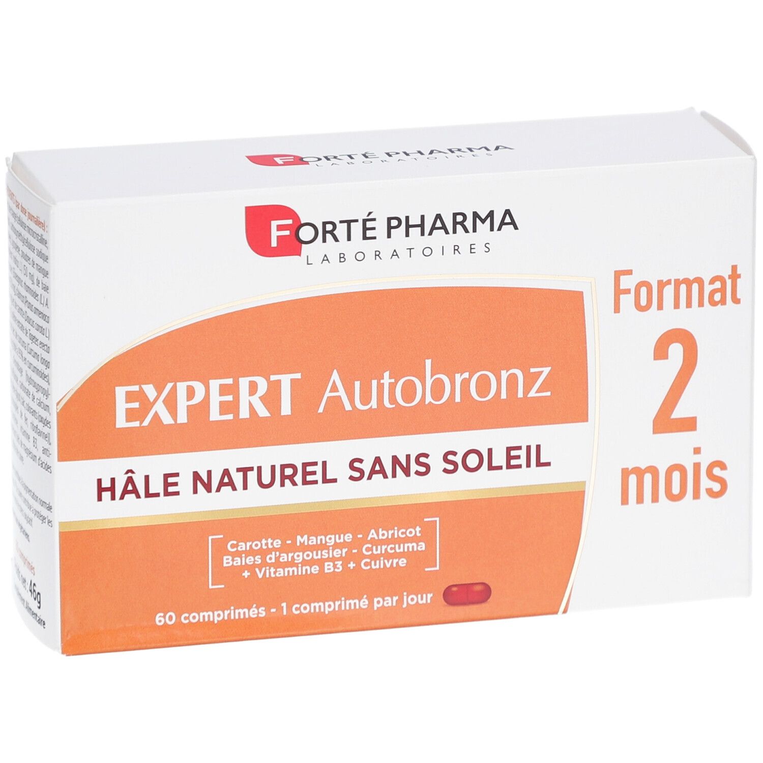 Boîte blanche avec zone orange. Inscription: EXPERT Autobronz, HÂLE NATUREL SANS SOLEIL. 60 comprimés. Marque: Forté Pharma.