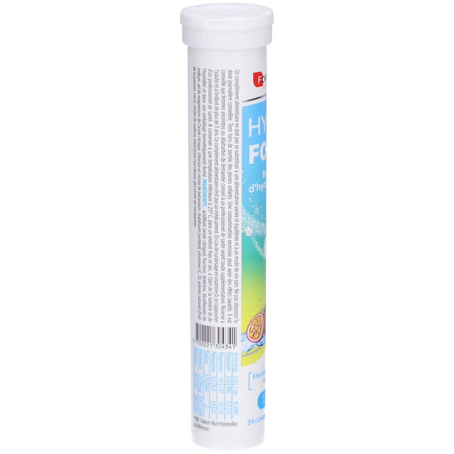 Emballage cylindrique avec texte. Contient des informations sur le produit. Contient des informations sur les ingrédients et l'utilisation.