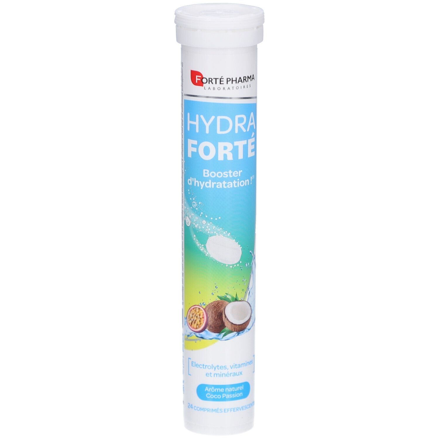 Emballage cylindrique HYDRA FORTE. Contient des comprimés effervescents. Illustrations de noix de coco et de fruit de la passion. Contient électrolytes, vitamines et minéraux.